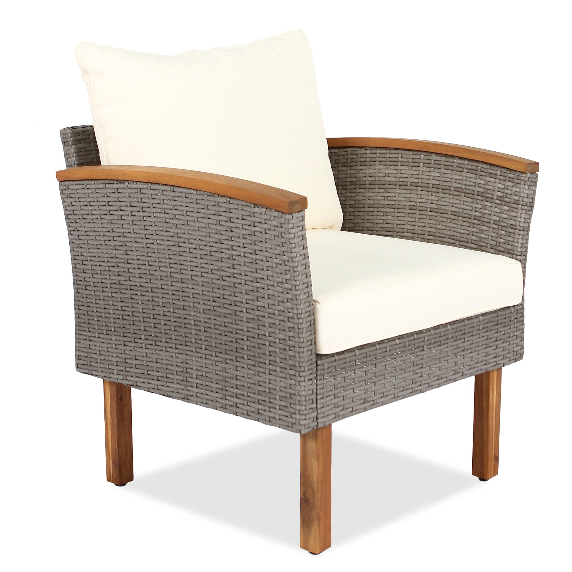 Gray rattan armchair with wood accents and cream cushions