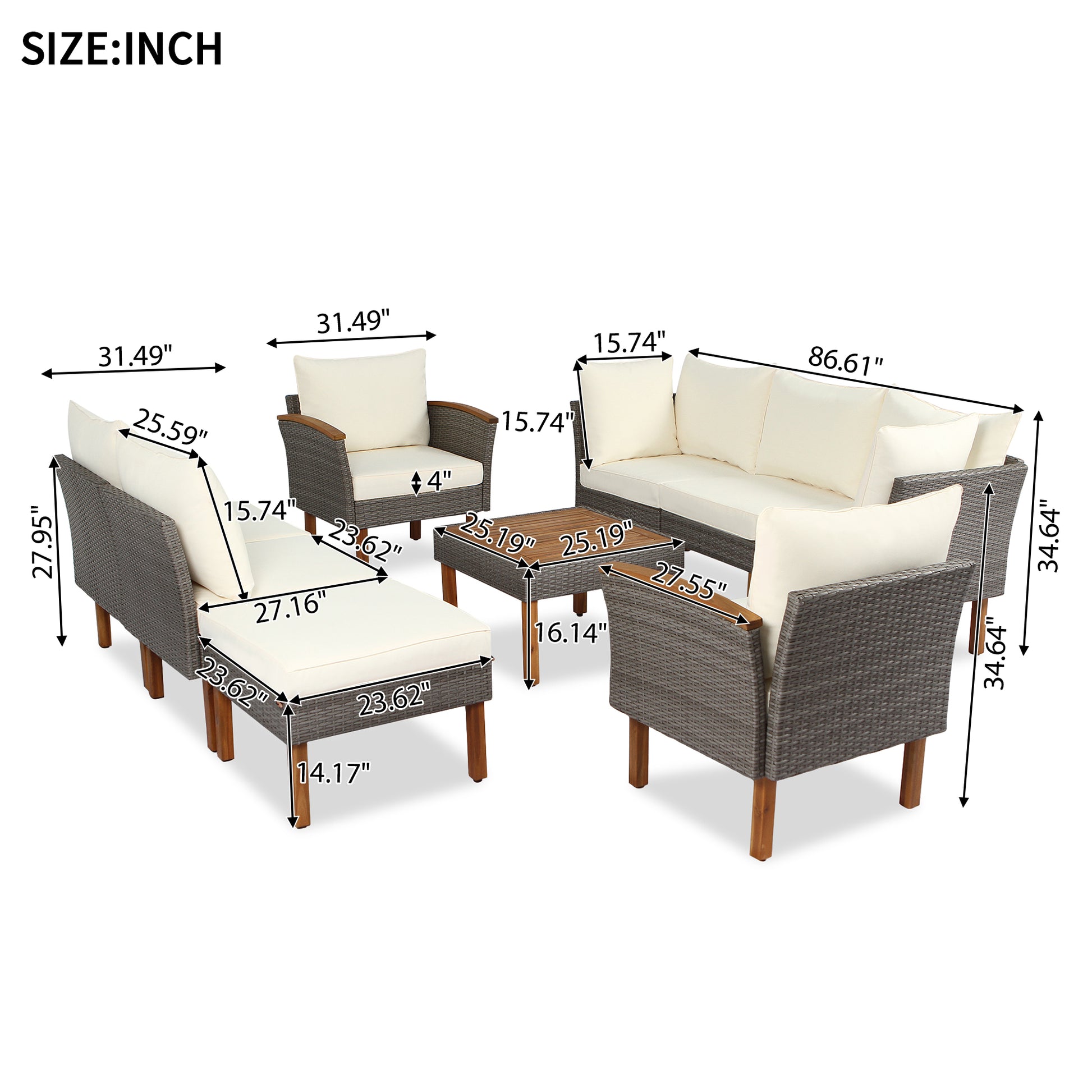 Grey wicker patio sofa set with beige cushions and wooden legs