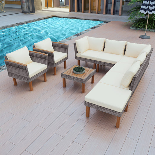 Gray wicker sectional patio furniture with cream cushions and wooden legs