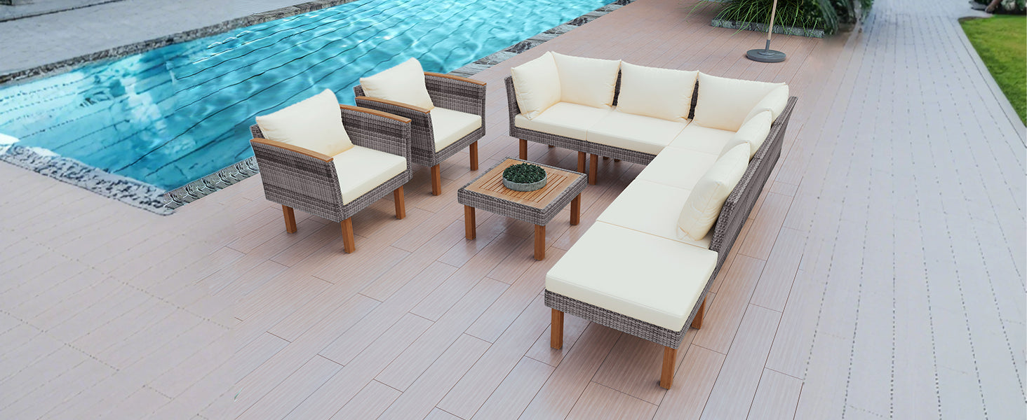Gray wicker sectional outdoor sofa with cream cushions