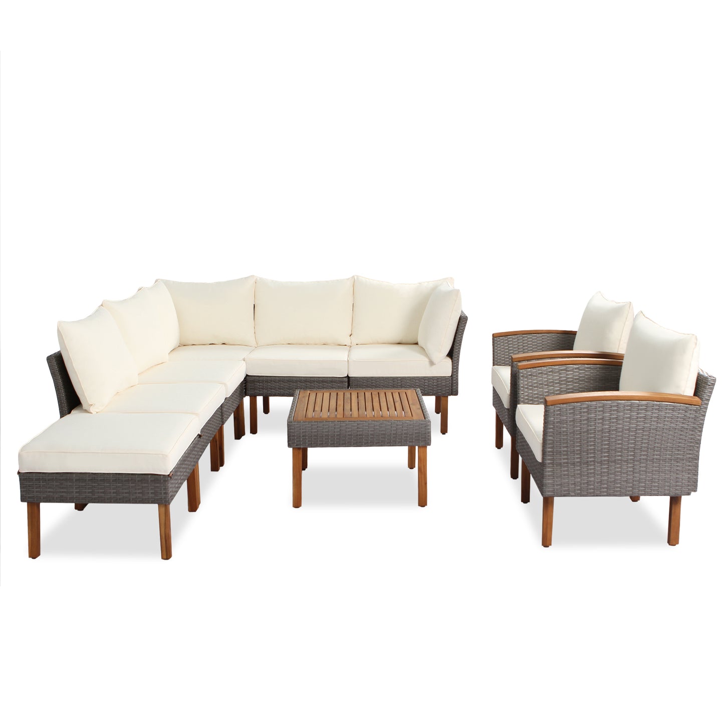 Gray wicker Lshaped outdoor sofa with beige cushions and wooden legs