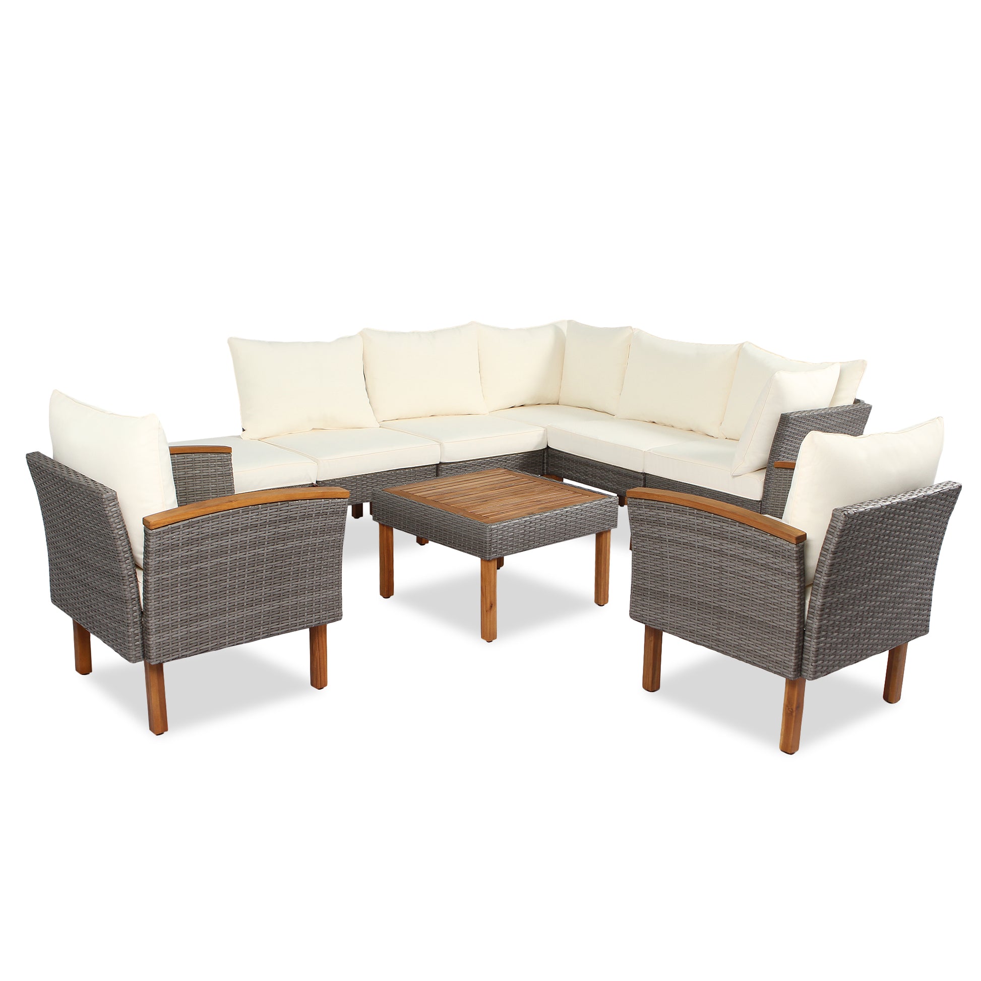 Grey wicker sectional sofa with cream cushions and wooden legs