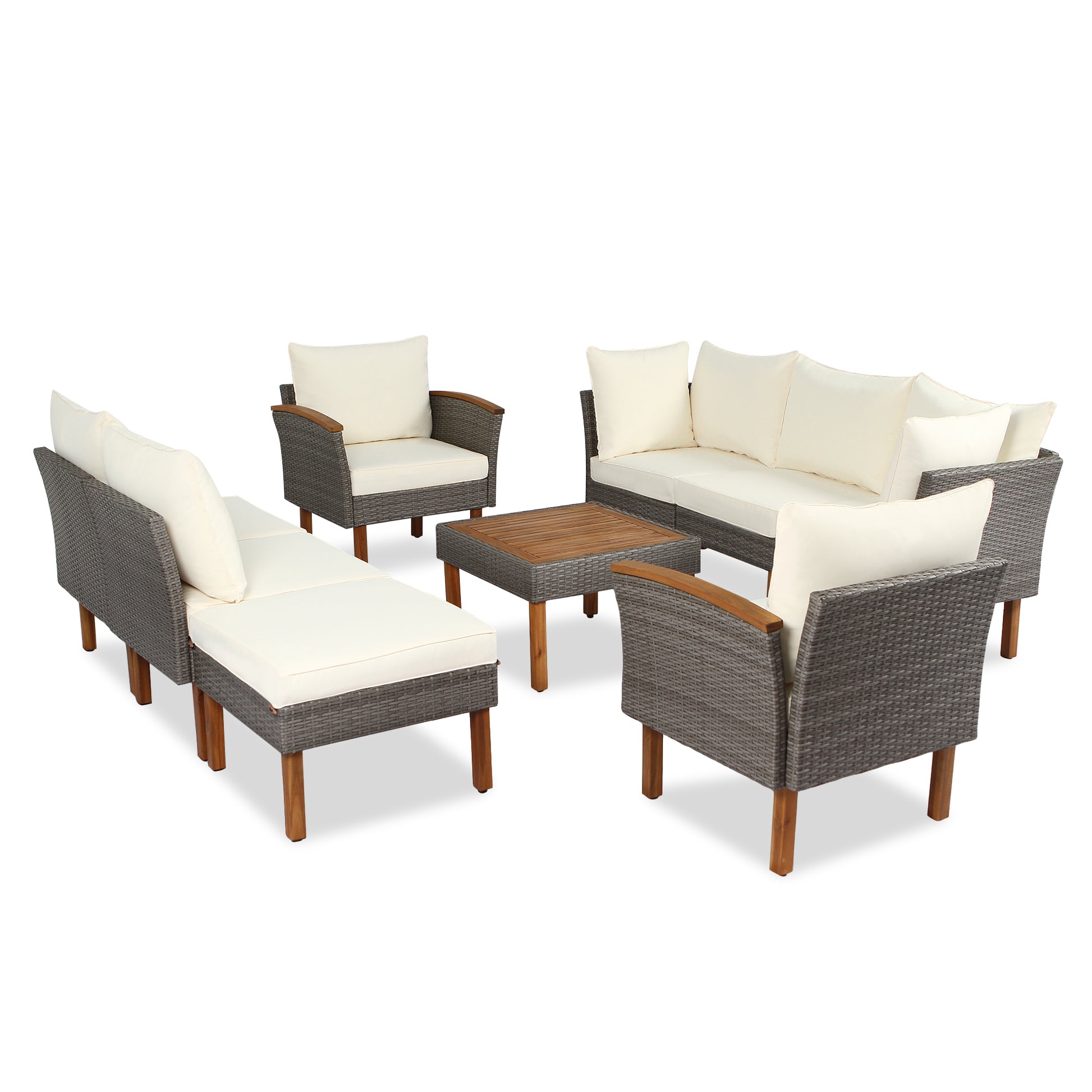 Gray rattan sectional patio furniture with cream cushions