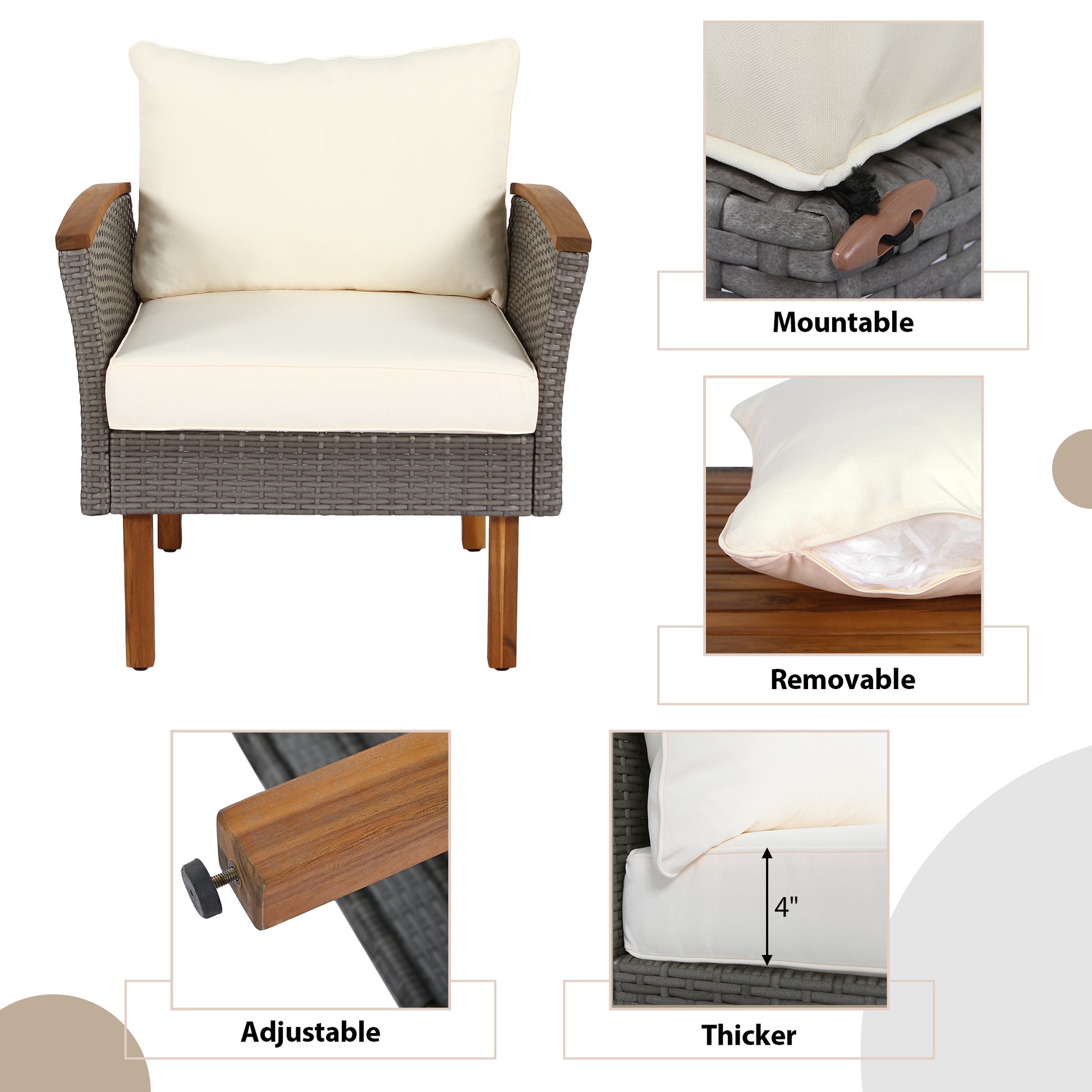Gray rattan armchair with wood arms and cream cushions