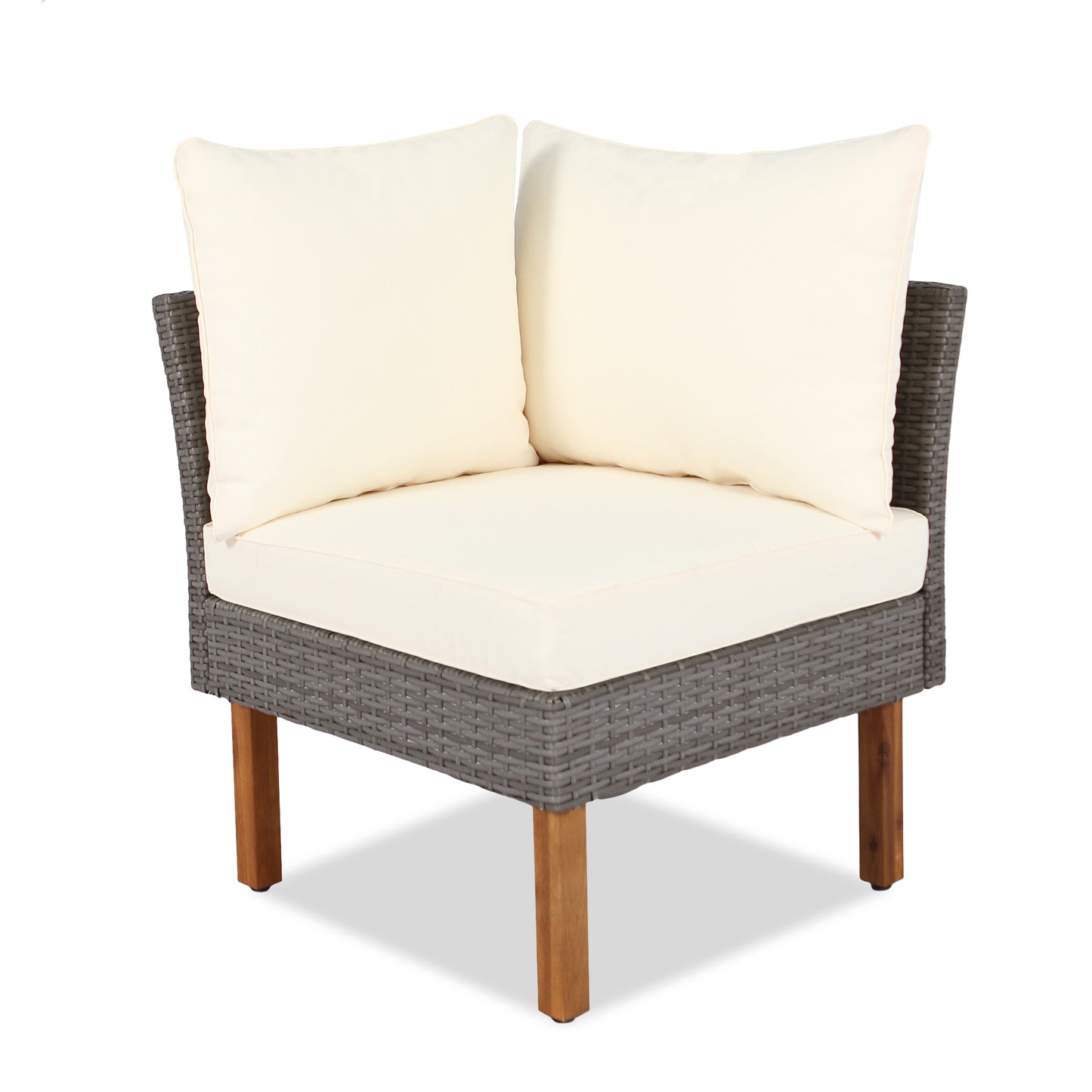 Gray wicker corner outdoor chair with cream cushions
