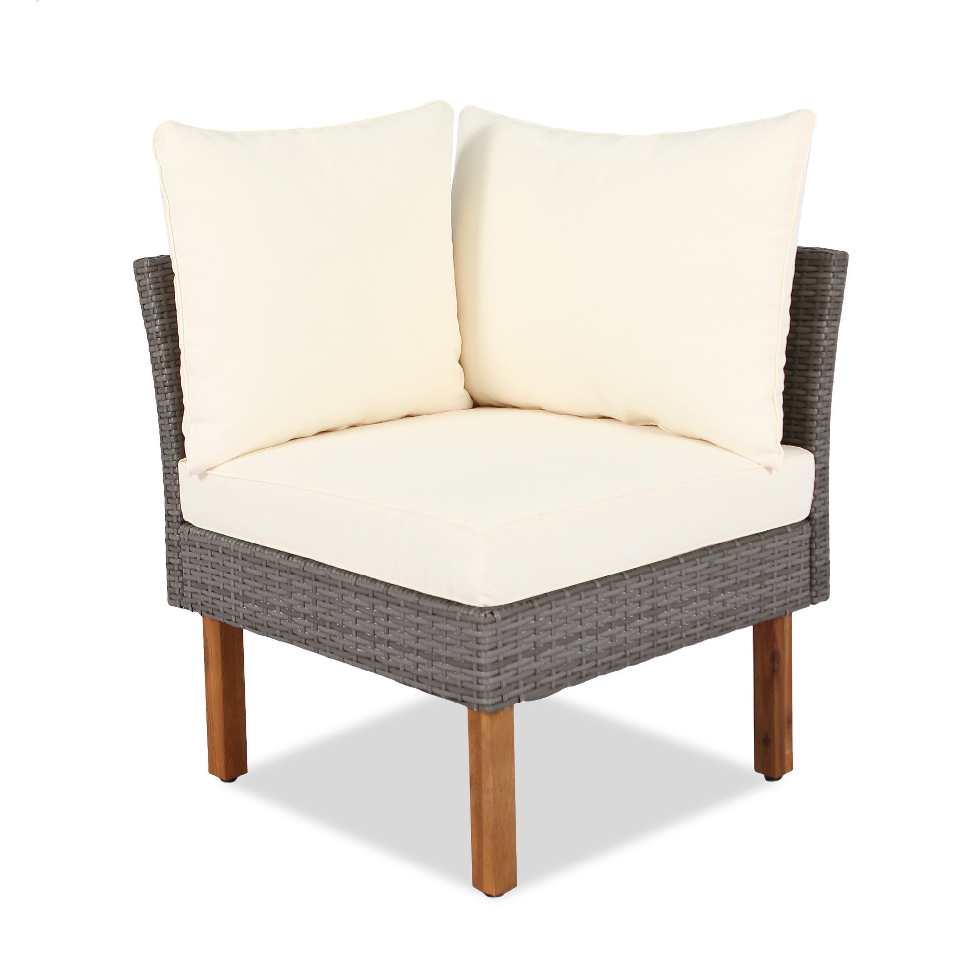 Gray wicker corner outdoor chair with cream cushions