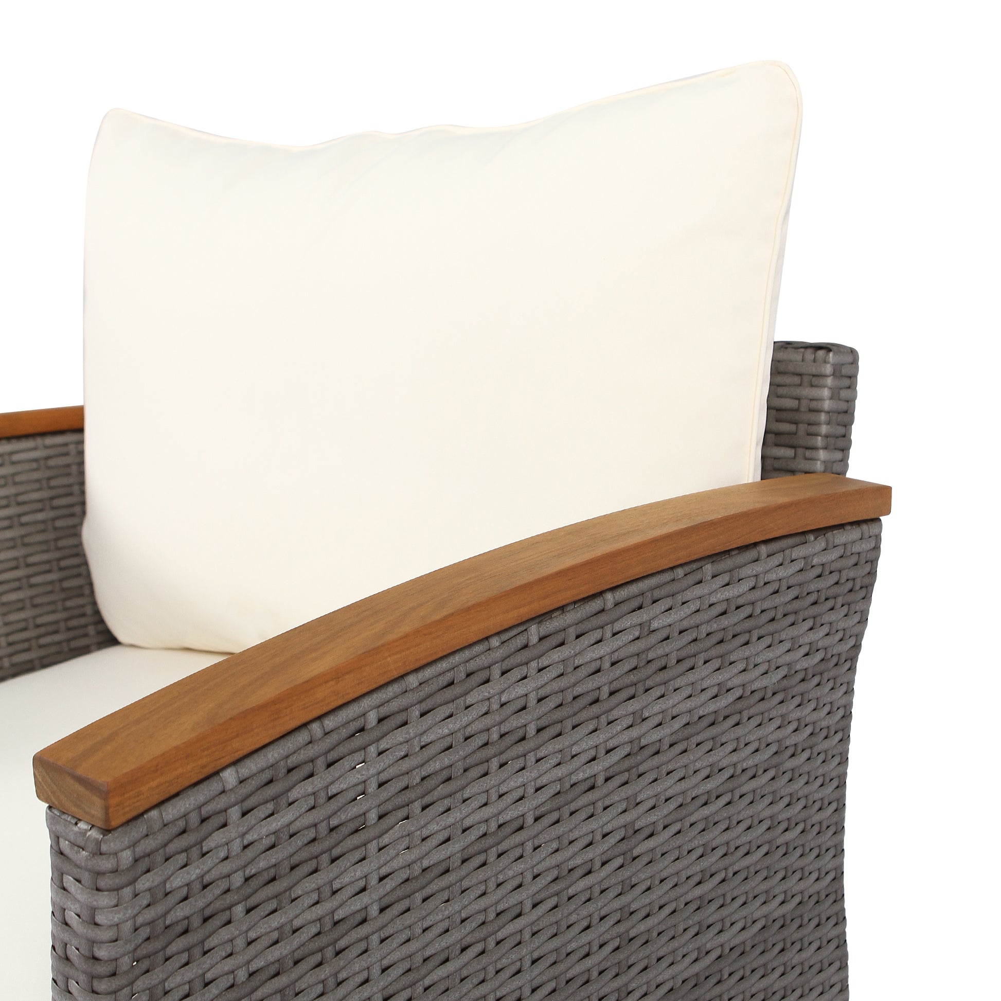 Gray wicker armchair with wooden armrest and cream cushion