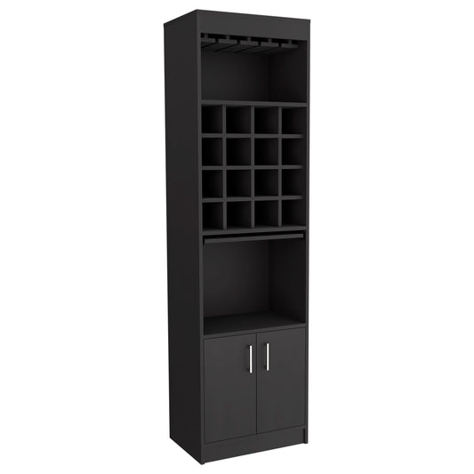 Tall black wine cabinet with glass rack and  bottle cubbies