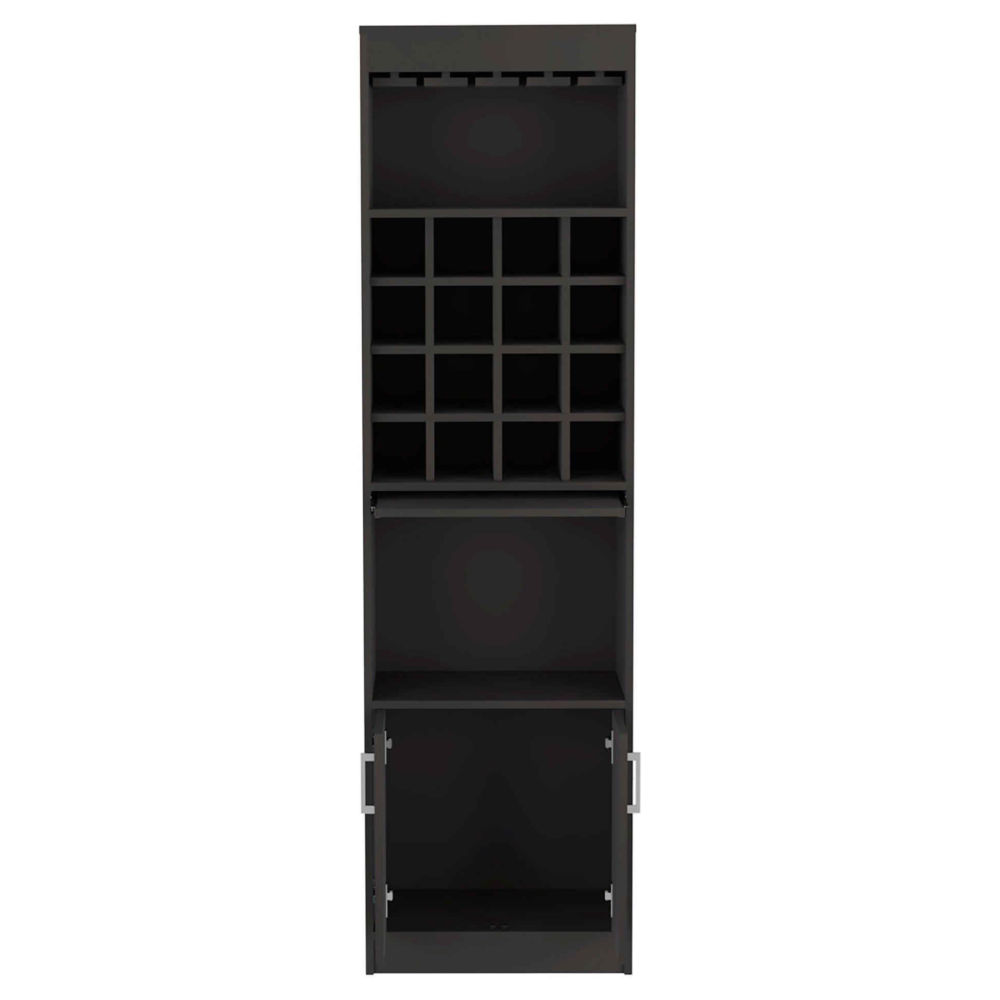 Dark brown tall wine cabinet with glass holders and  cubbies