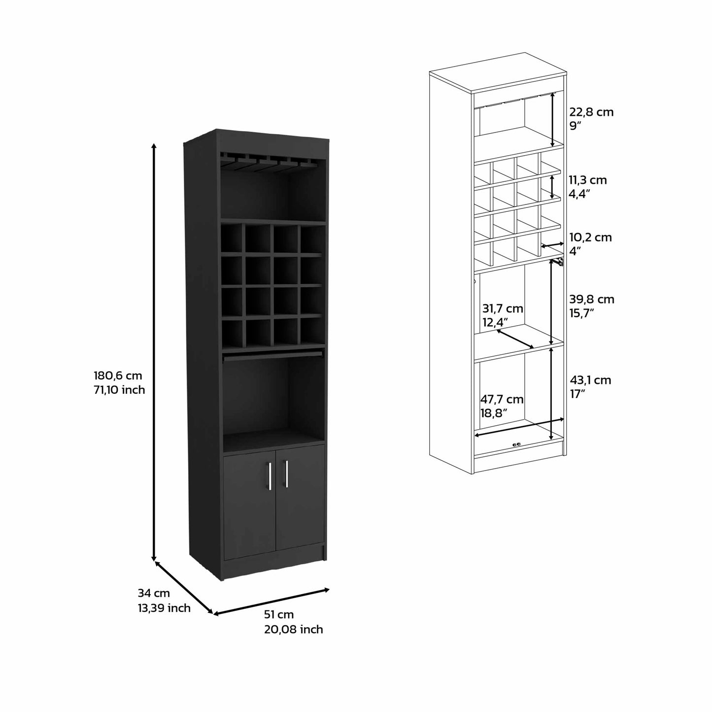 Black tall wine rack cabinet with  bottle cubbies and two lower doors