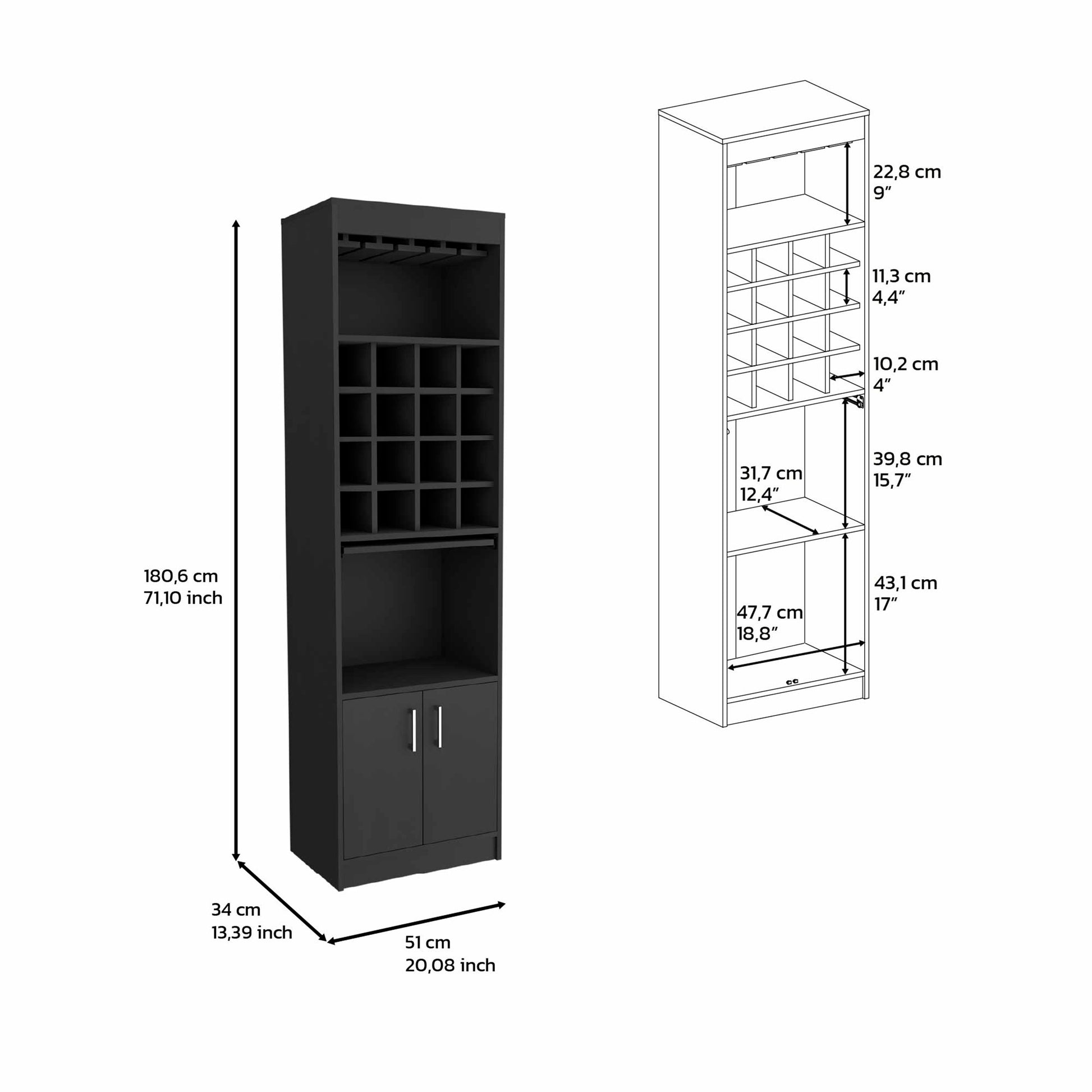 Black tall wine rack cabinet with  bottle cubbies and two lower doors