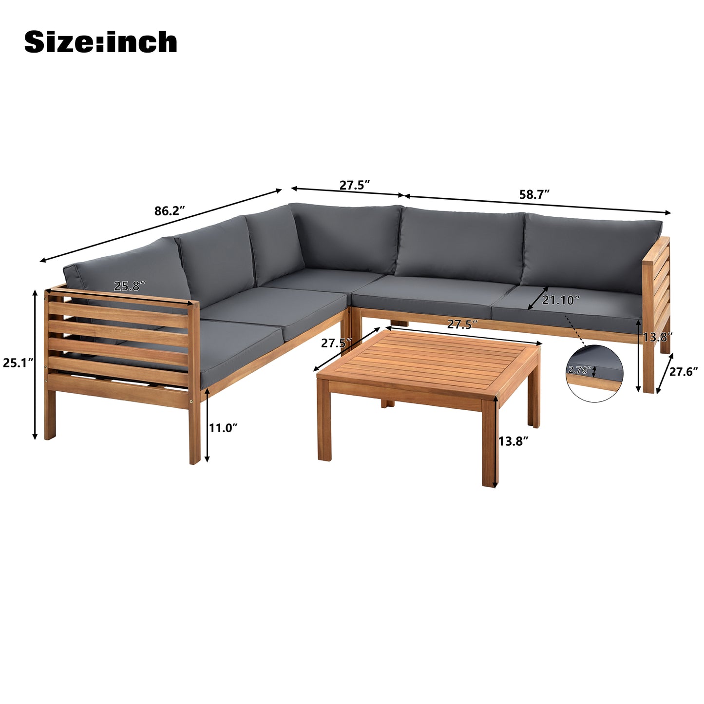 Wooden Lshaped outdoor sectional sofa with grey cushions and acacia wood frame