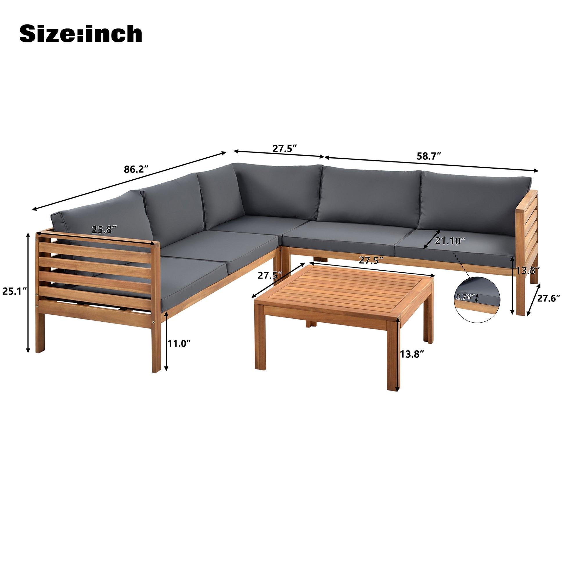 Wooden Lshaped outdoor sectional sofa with grey cushions and acacia wood frame