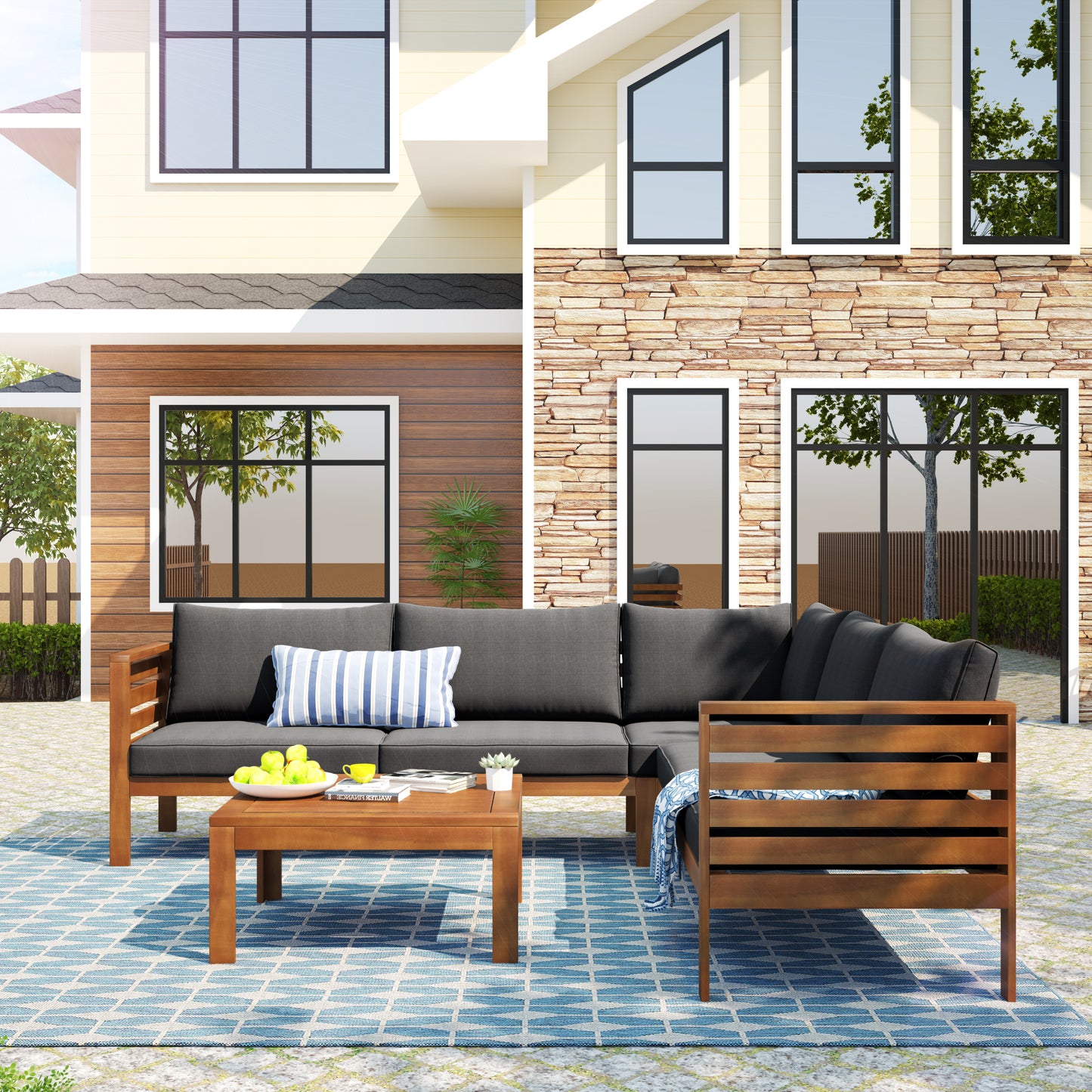 Dark gray sectional outdoor sofa with wooden frame and blue striped pillow