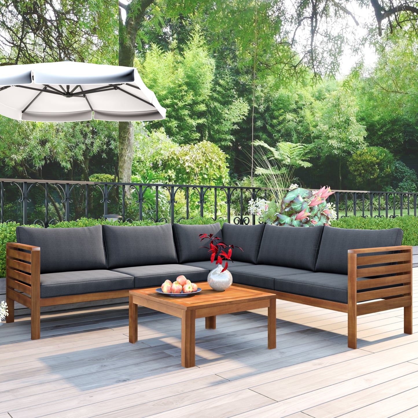 Dark gray sectional patio sofa with wooden frame