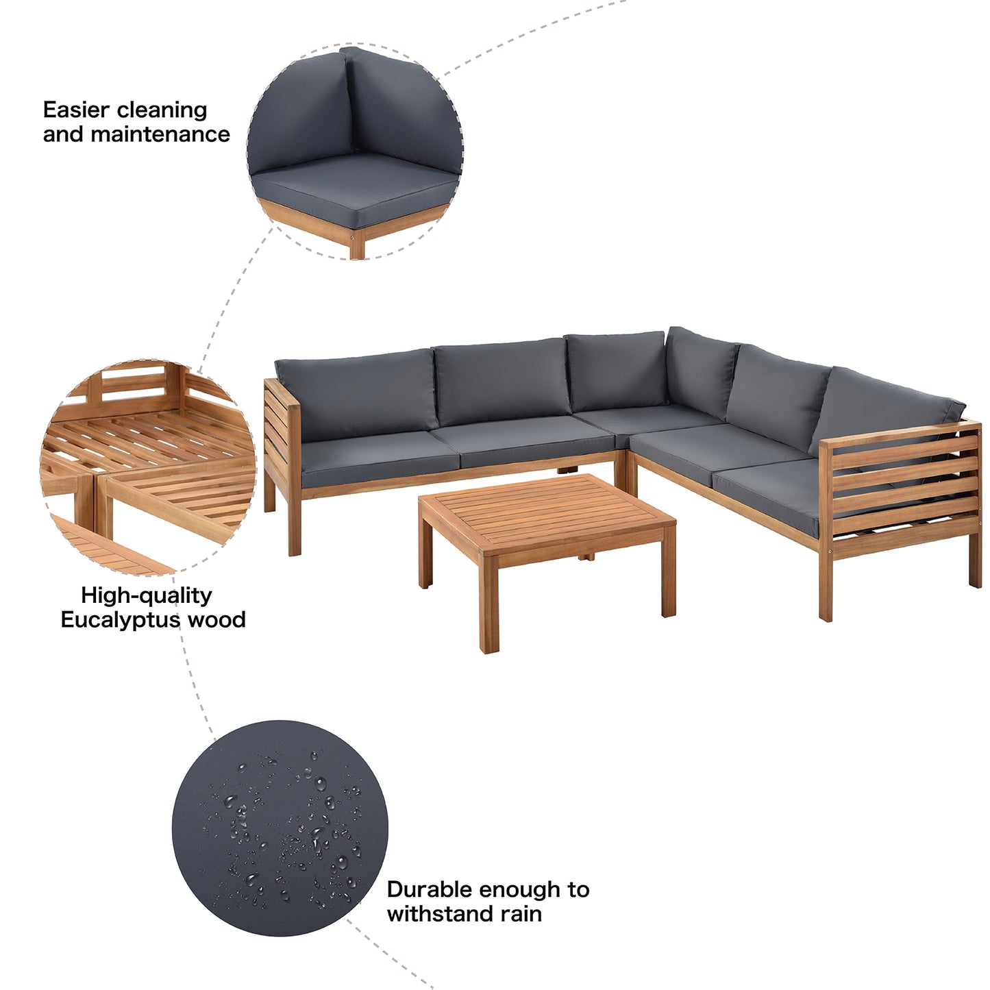 Wooden outdoor sectional sofa with grey cushions and coffee table