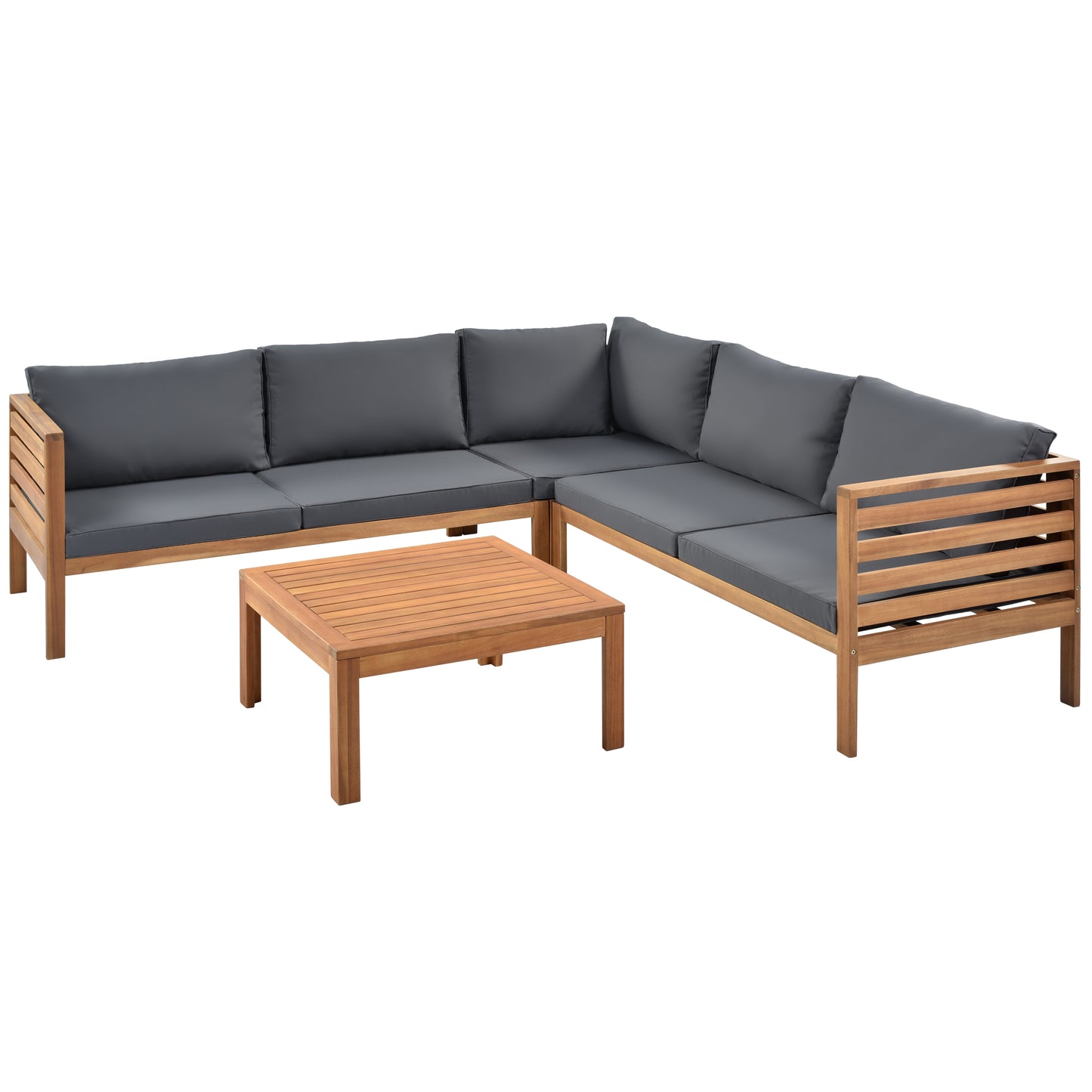 Teak Lshaped sectional outdoor sofa with dark gray cushions