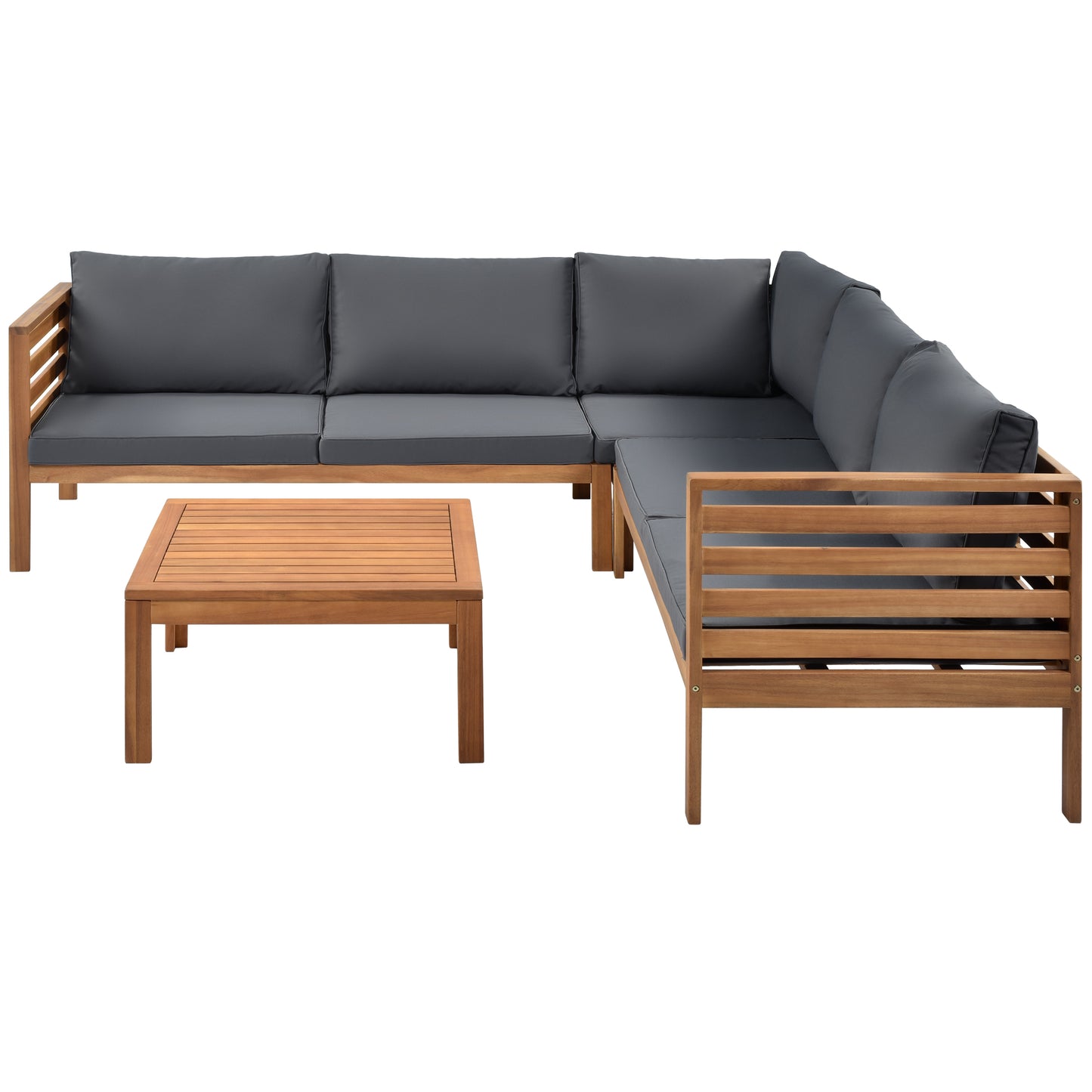 Acacia wood sectional patio furniture with dark grey cushions and slatted armrests