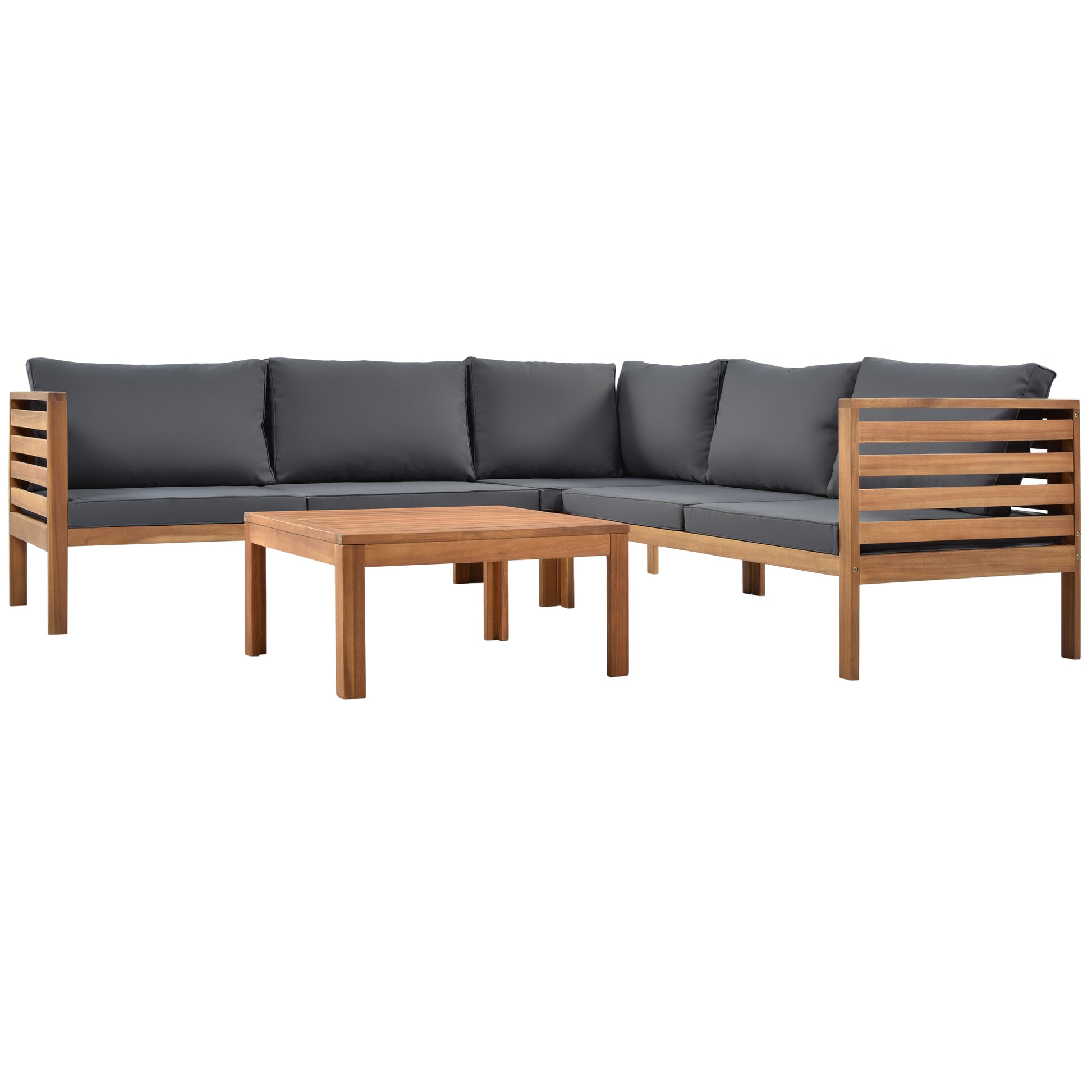 Acacia wood outdoor sectional sofa with charcoal cushions and matching coffee table