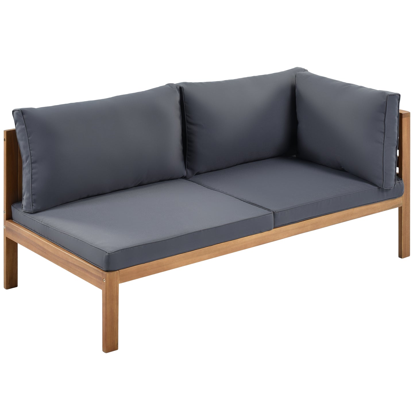 Wooden outdoor loveseat with charcoal grey cushions