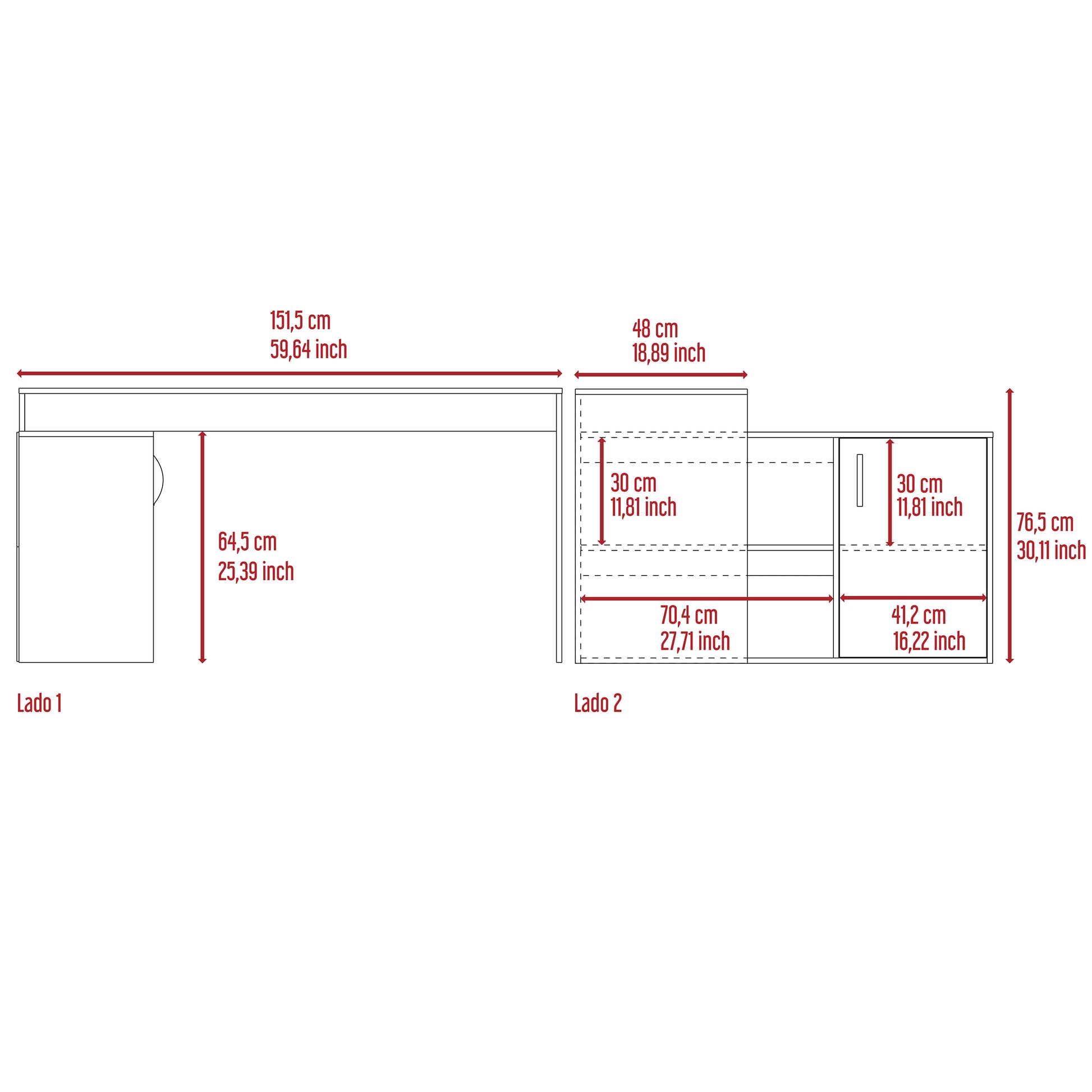 Technical drawing of a modular desk setup with dimensions