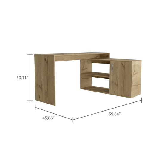 Modern oak effect computer desk with storage shelves and cabinet