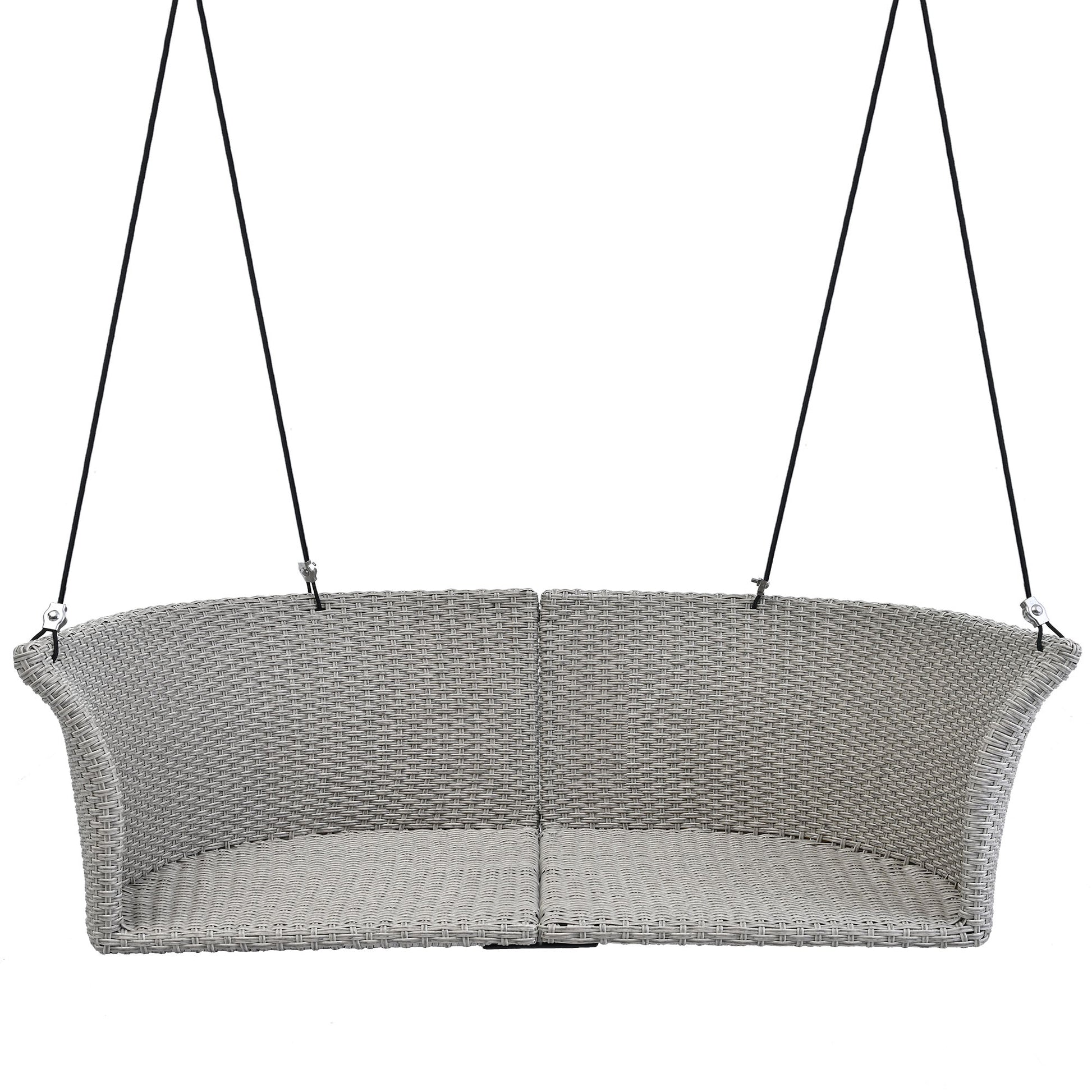Gray wicker twoseater porch swing with curved back