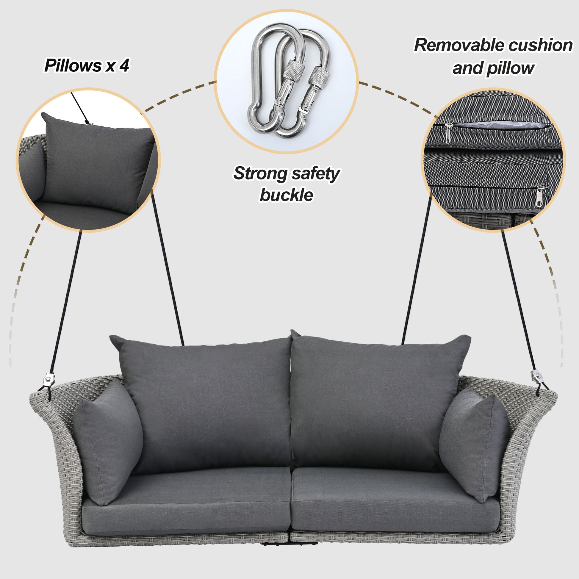Gray rattan swing chair with plush cushions and strong safety buckles for secure outdoor hanging