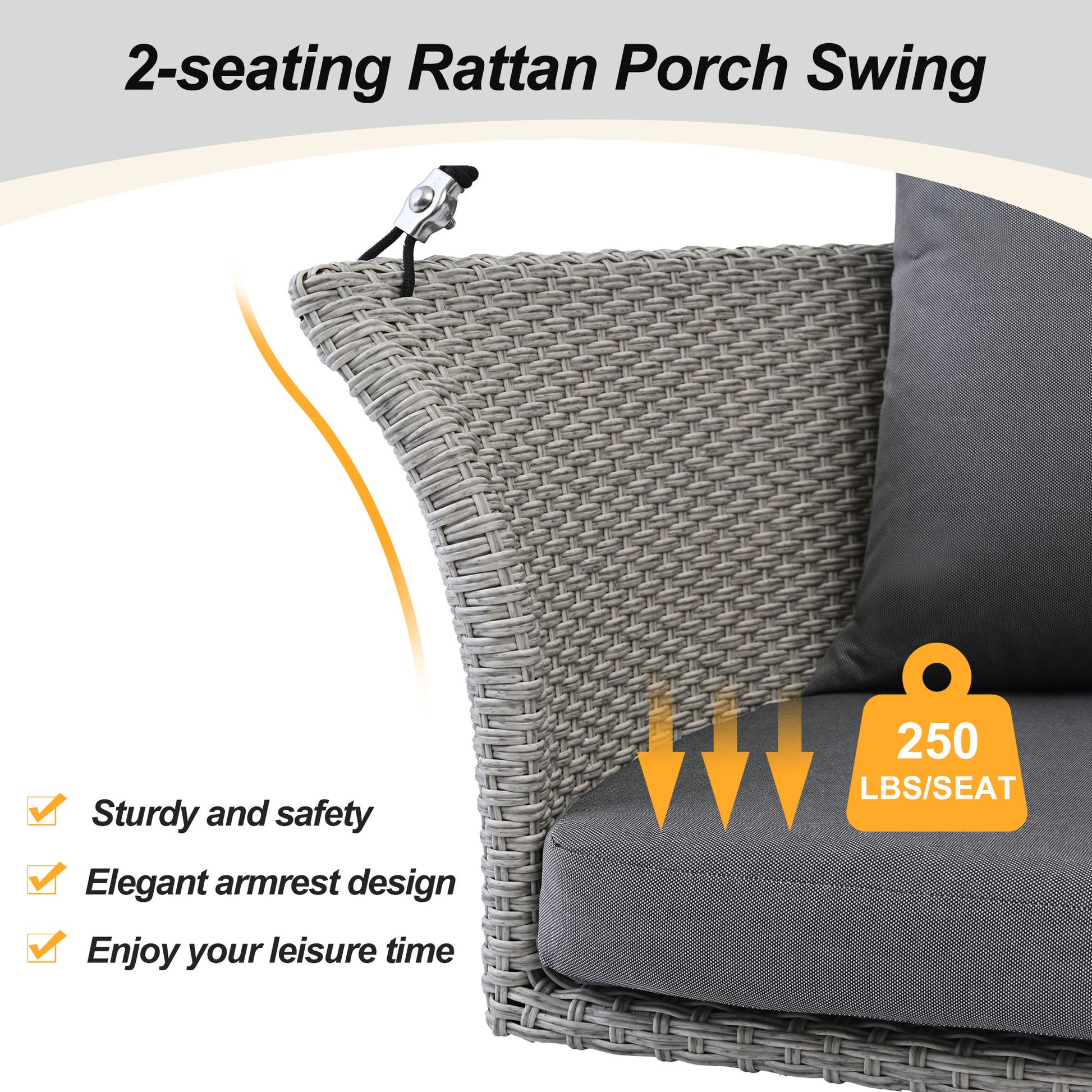Gray rattan porch swing with comfortable gray cushions