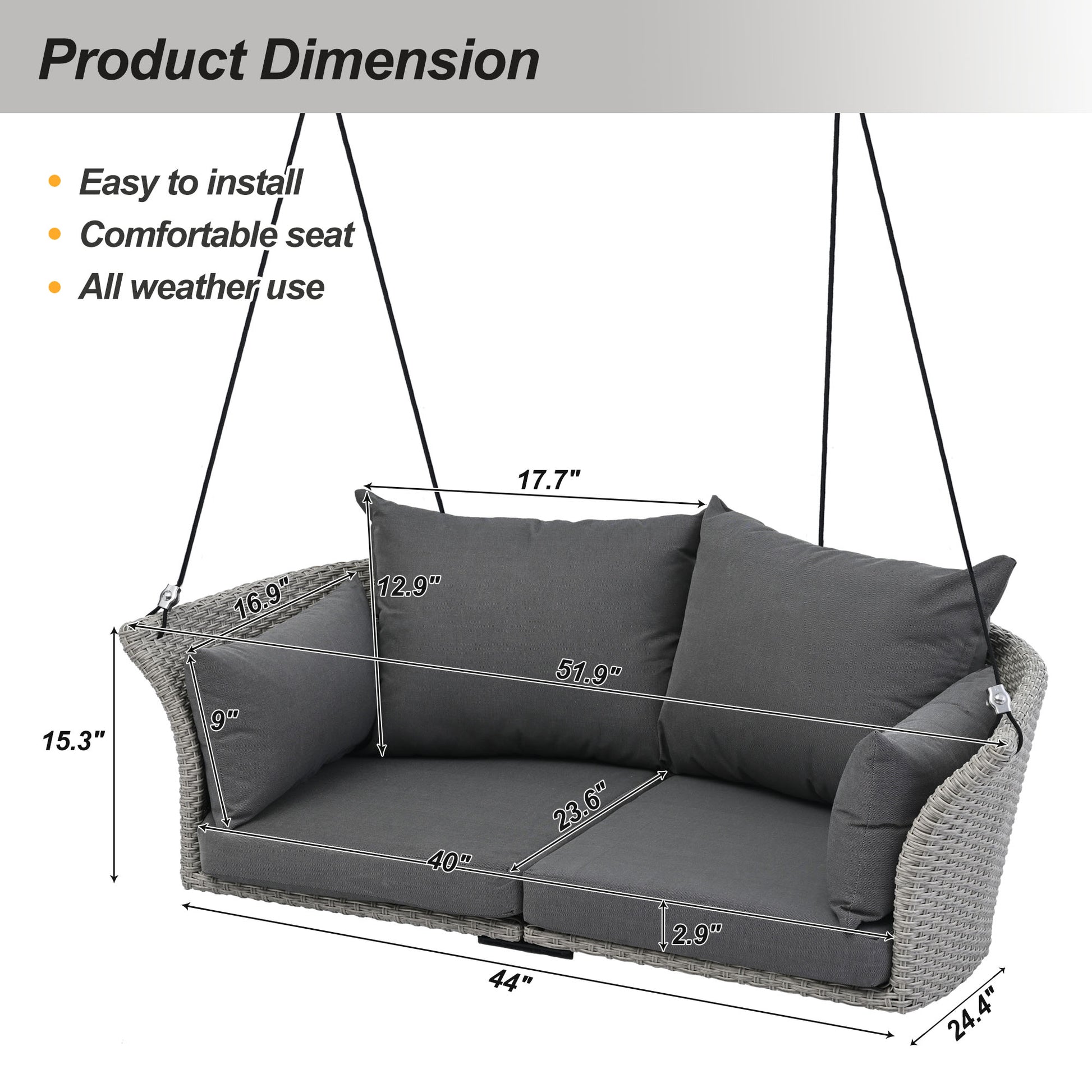 Gray wicker outdoor hanging chair with dimensions