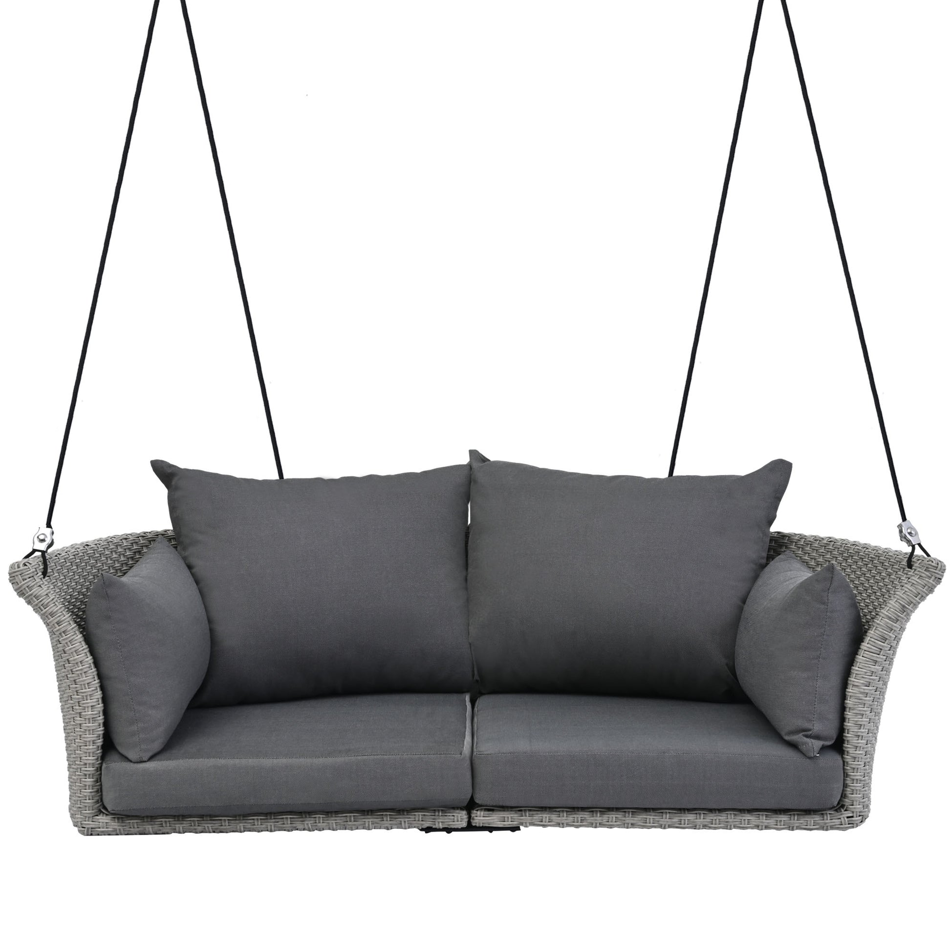 Gray wicker hanging swing chair with plush cushions