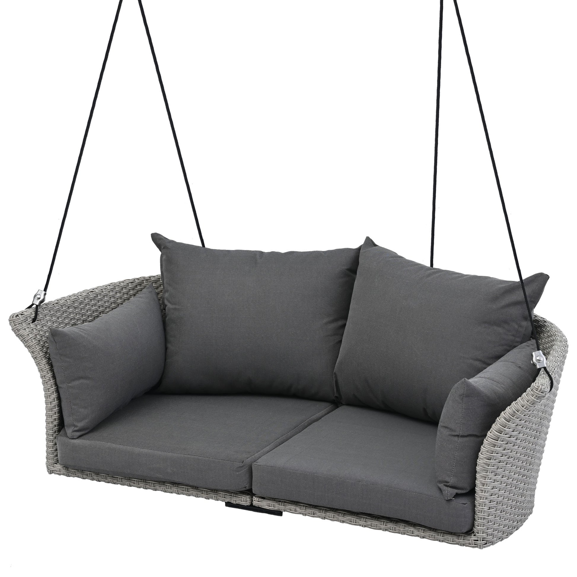Gray rattan outdoor swing chair with plush cushions for comfortable seating