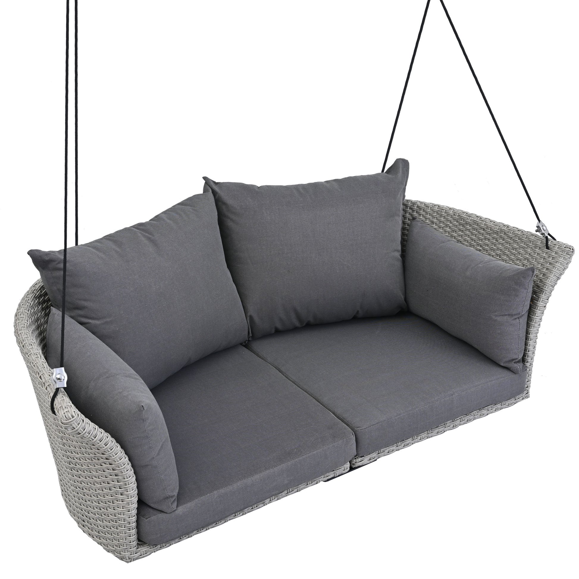 Gray rattan swing chair with plush cushions for outdoor relaxation