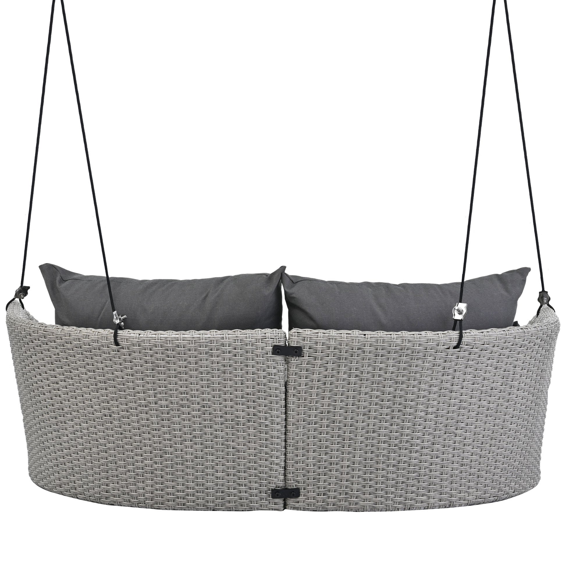 Grey resin wicker hanging chair with two dark grey seat cushions