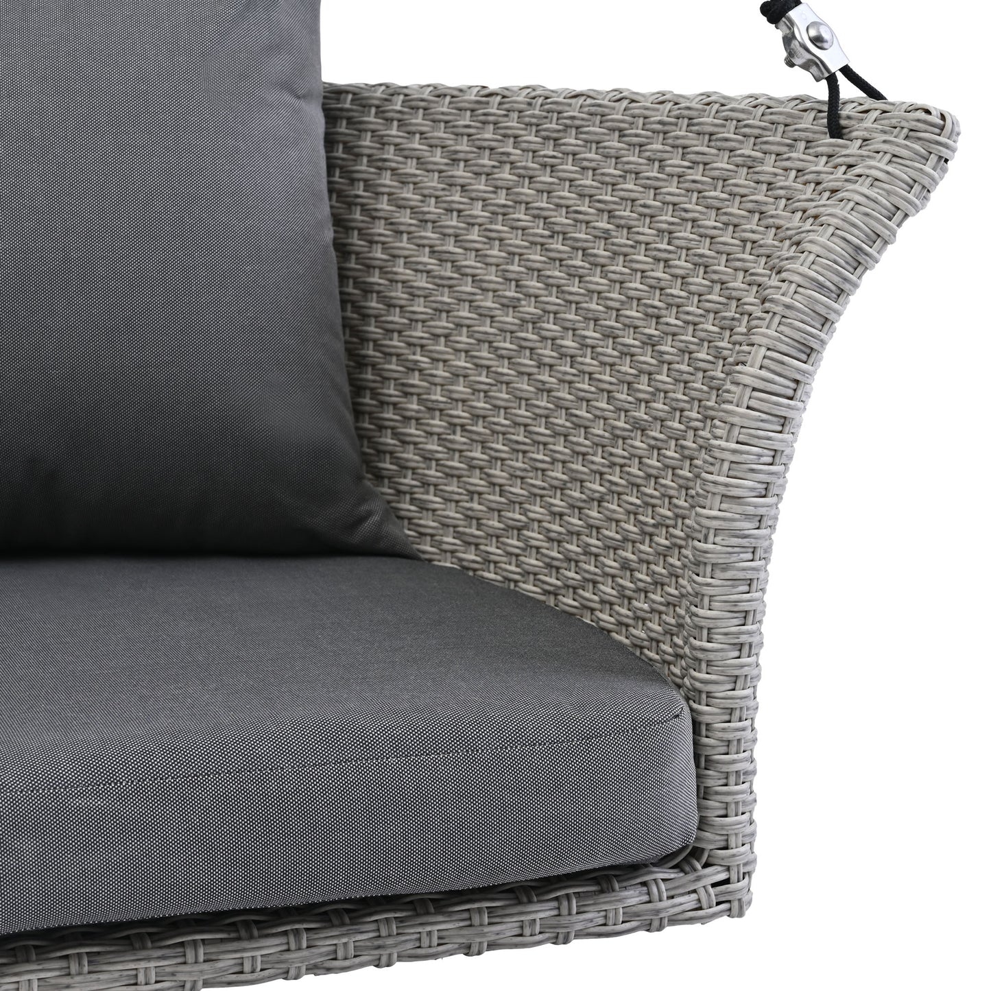 Gray wicker hanging chair with dark gray cushions and silver hardware