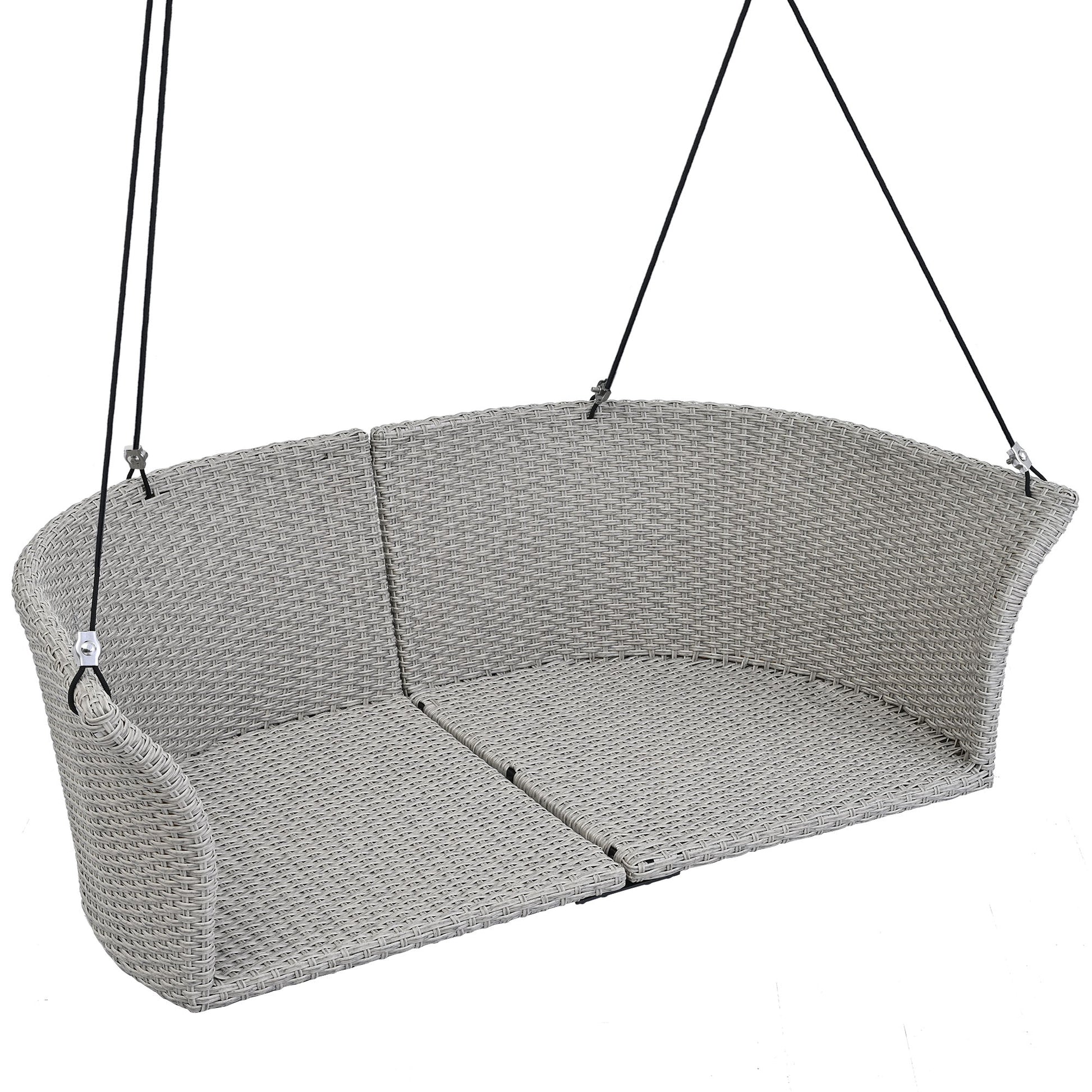 Gray wicker hanging swing chair with curved back