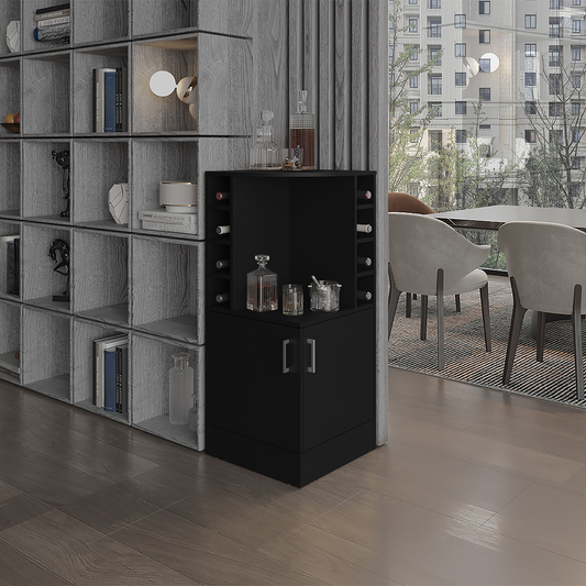 Compact black corner wine cabinet with bottle storage and double doors