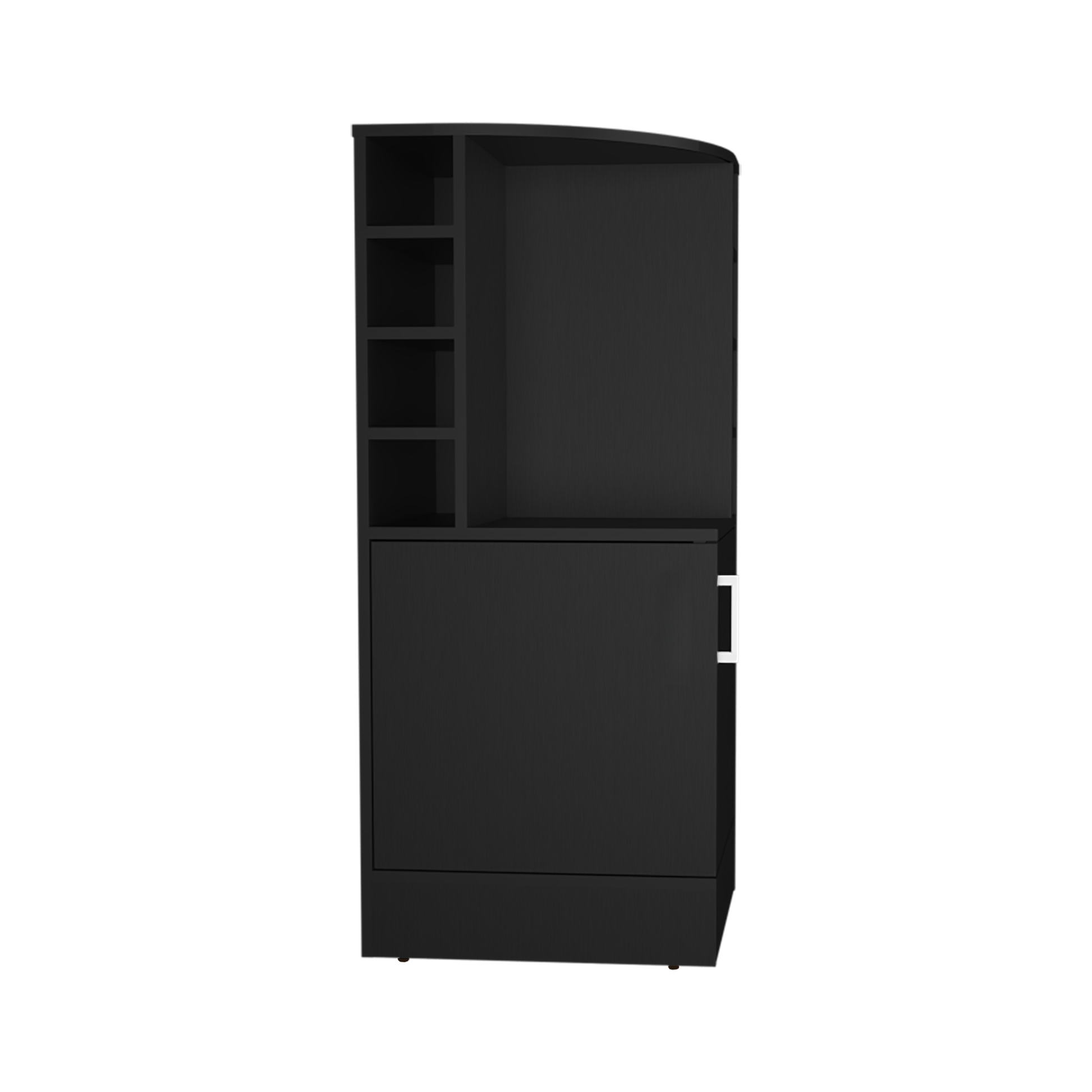 Black modern cabinet with open shelves and a closed compartment
