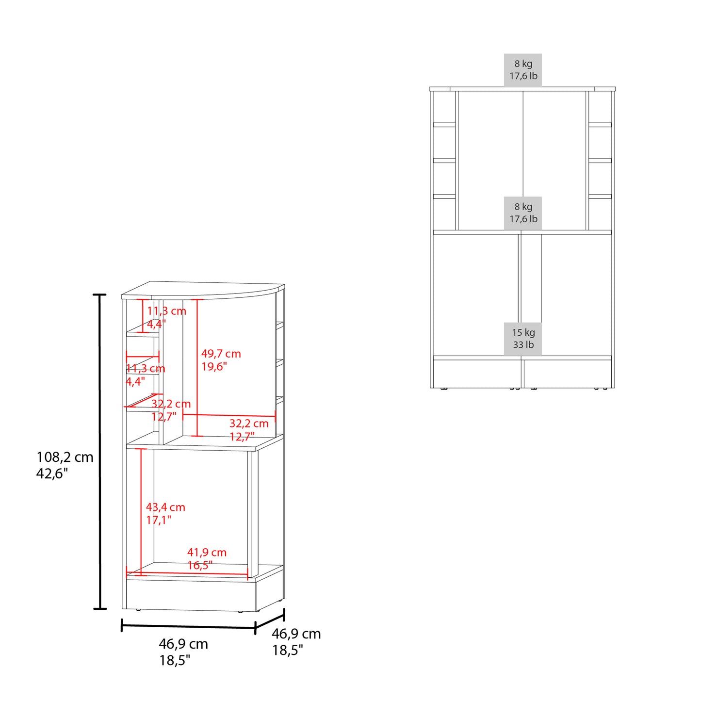 Line drawing of a narrow corner shelving unit with dimensions