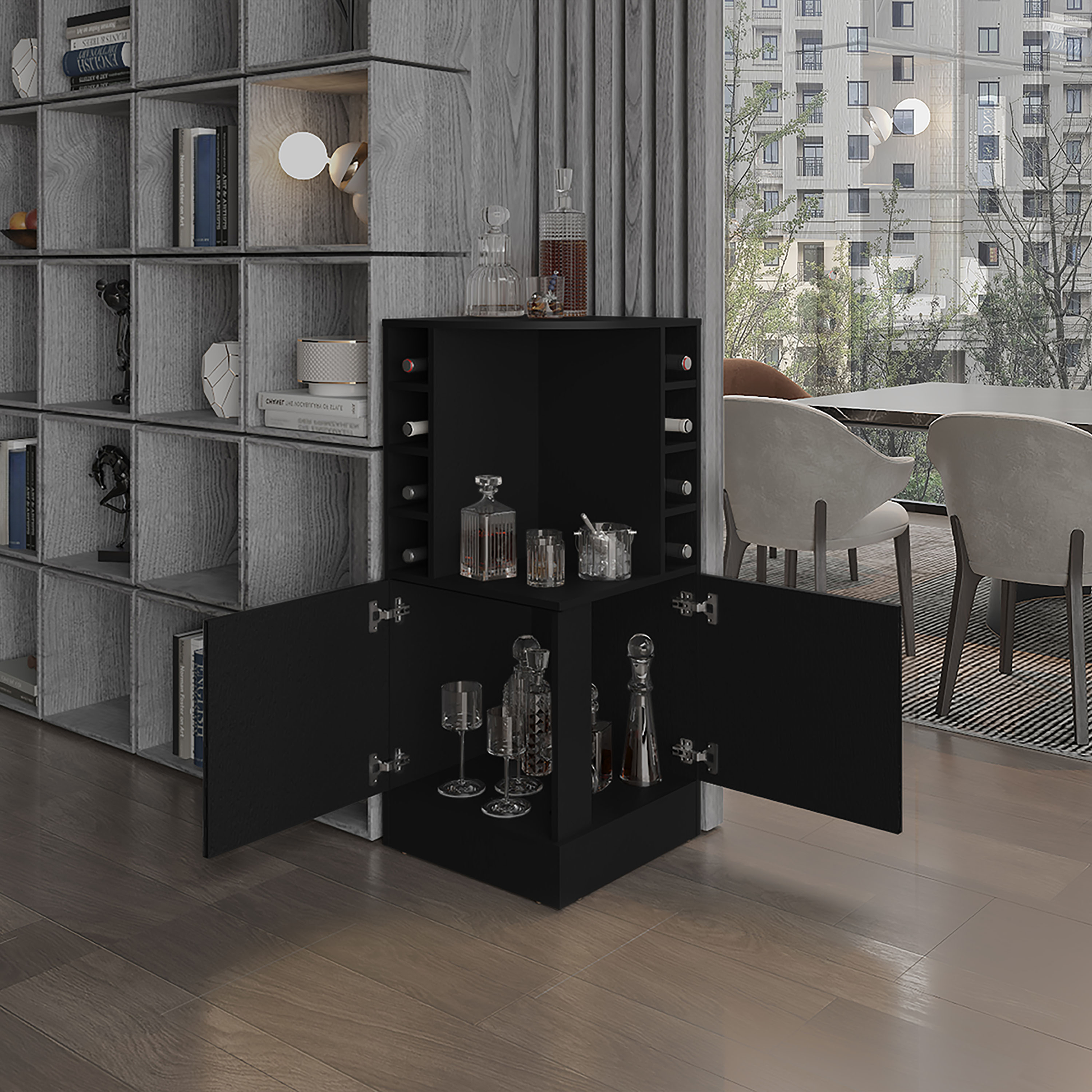 Modern black bar cabinet with wine racks and glass shelves