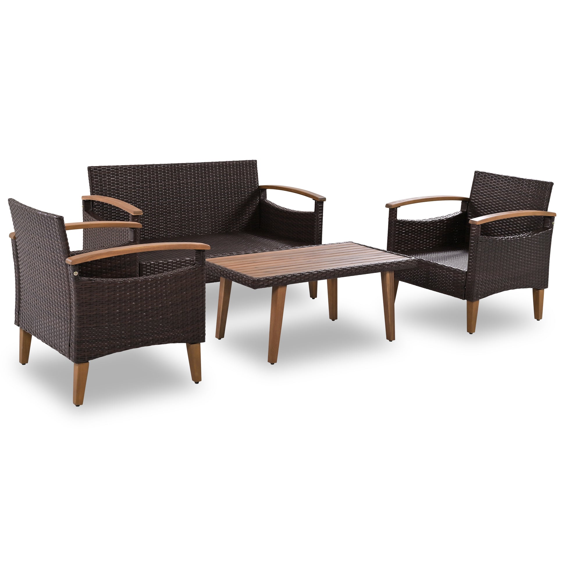 Dark brown wicker outdoor furniture set with wooden accents and coffee table