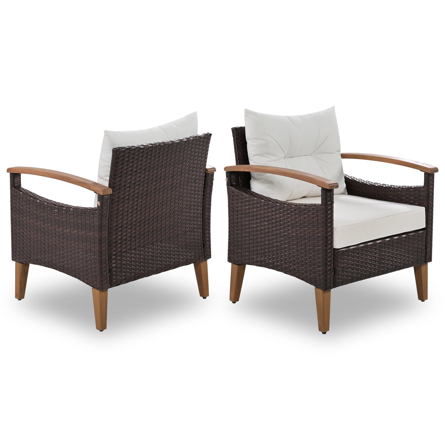 Brown wicker outdoor armchair with white cushions and wooden arms