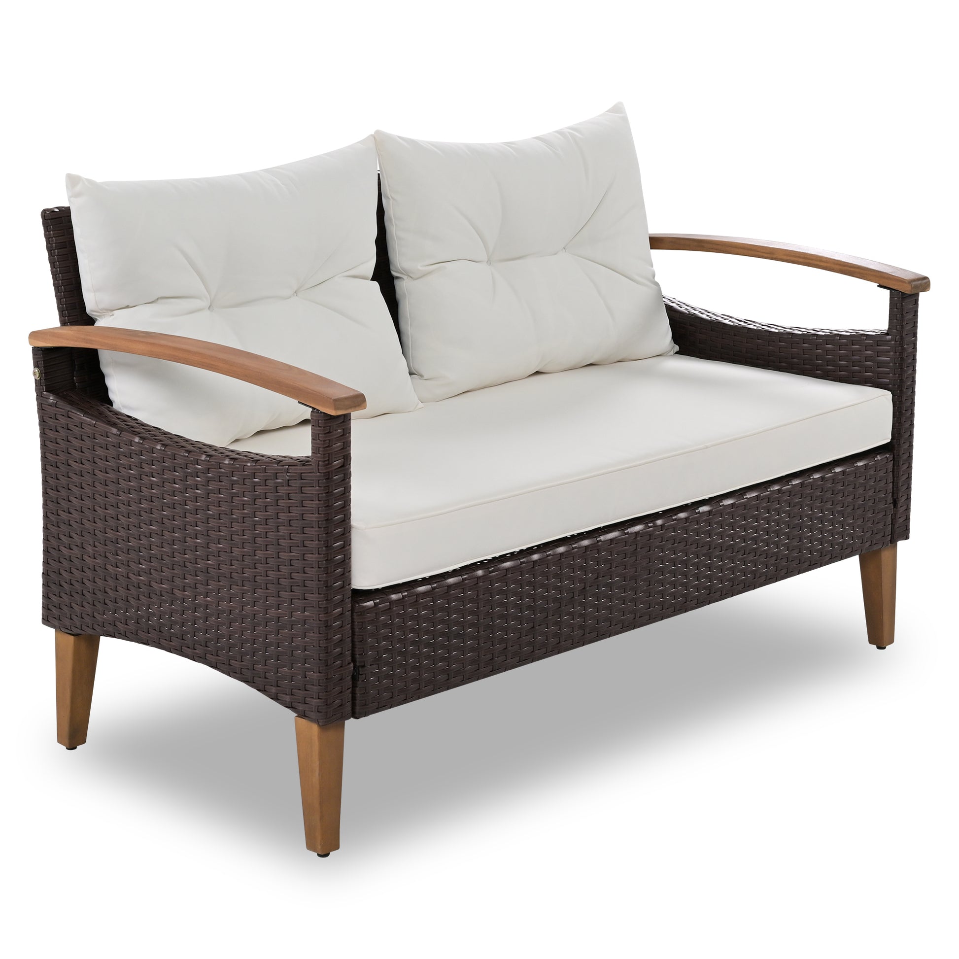 Dark brown rattan loveseat with cream cushions and wood arms
