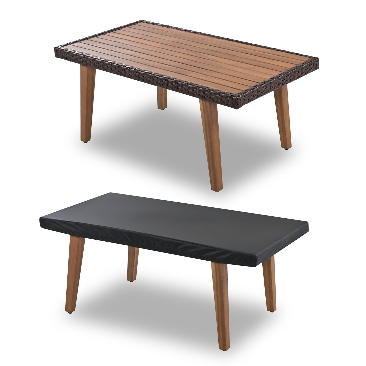 Wooden slat coffee table with rattan trim