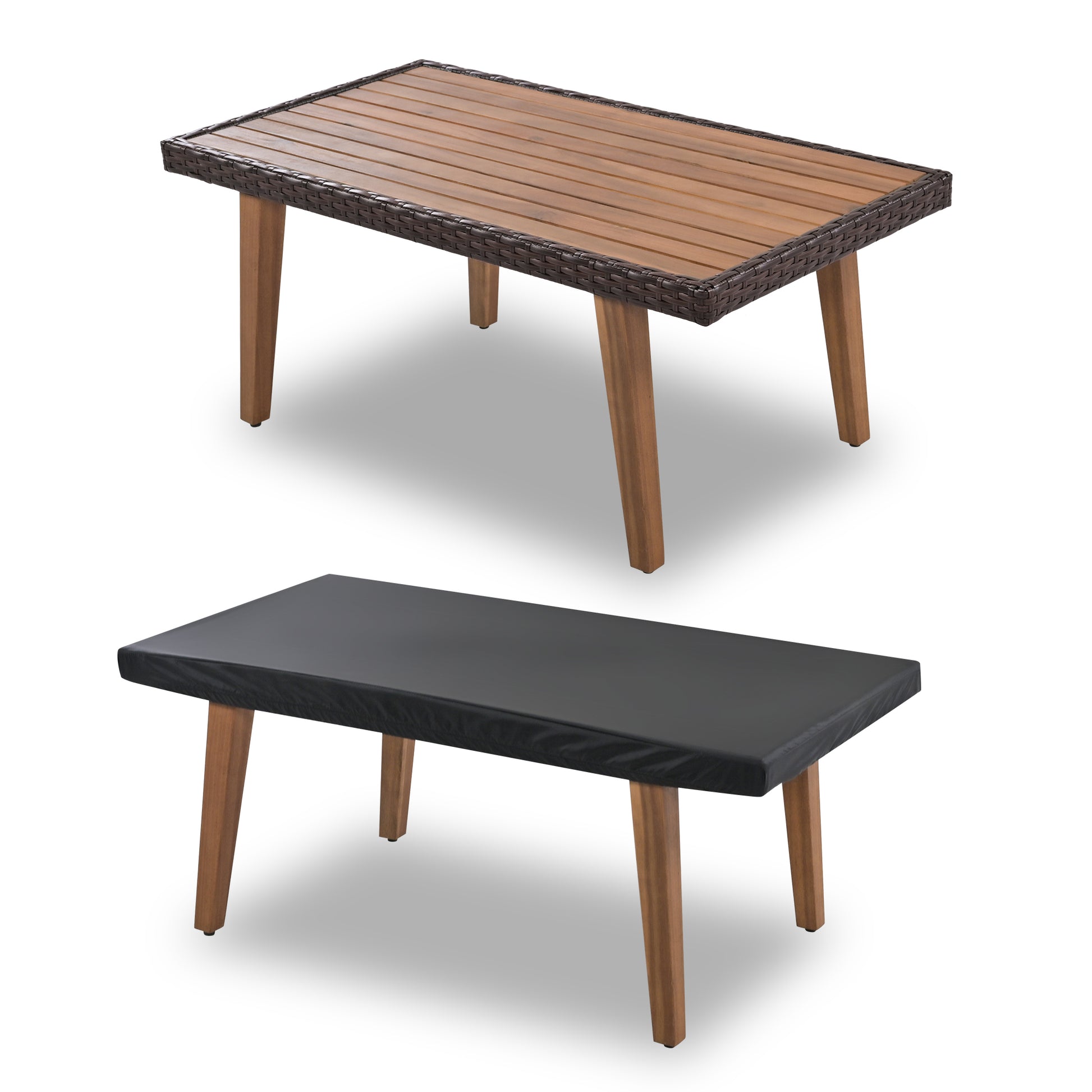 Wooden slat coffee table with rattan trim