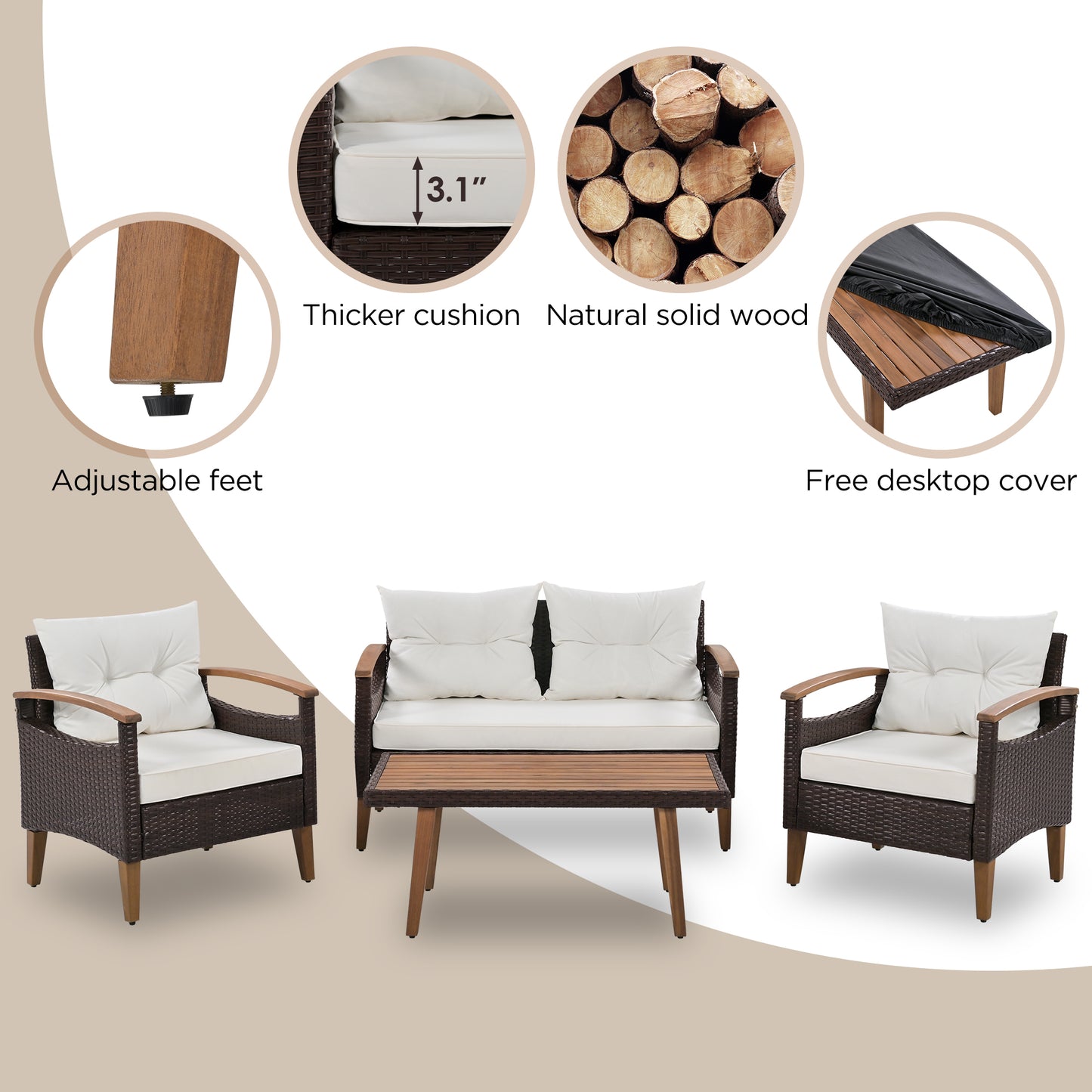 Brown wicker patio set with white cushions and adjustable feet