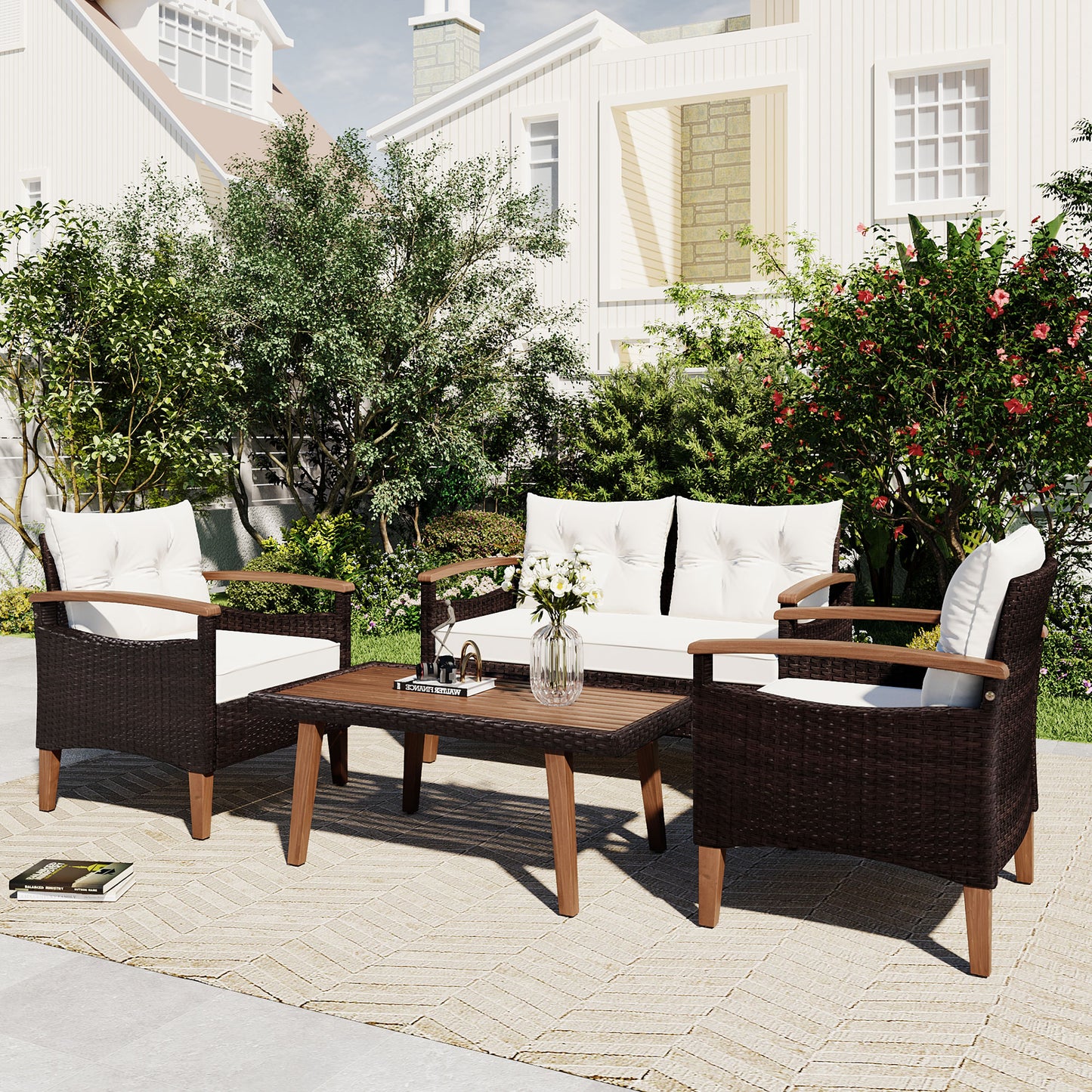 Dark brown wicker patio furniture set with white cushions