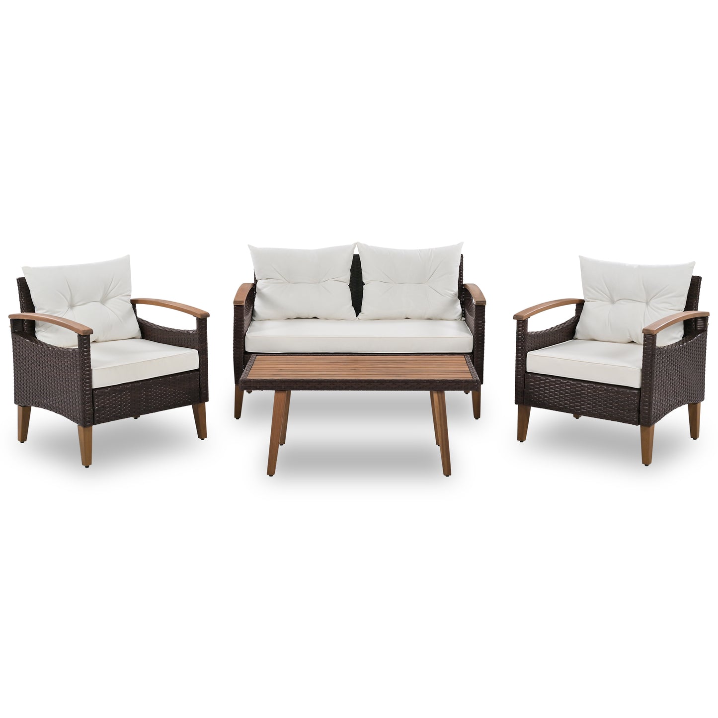 Brown wicker outdoor furniture set with cream cushions and wood accents