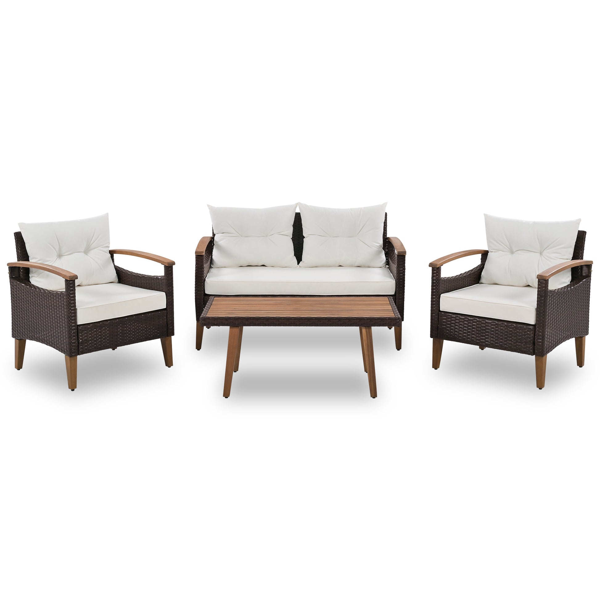 Brown wicker outdoor furniture set with cream cushions and wood accents