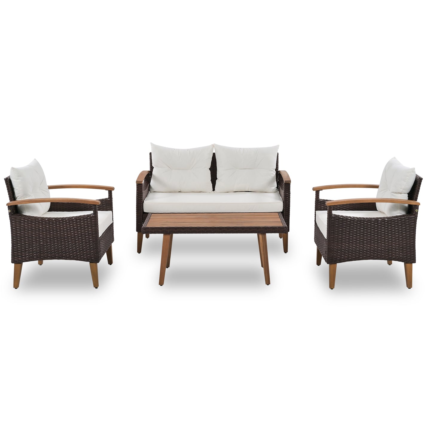 Brown wicker patio furniture set with white cushions